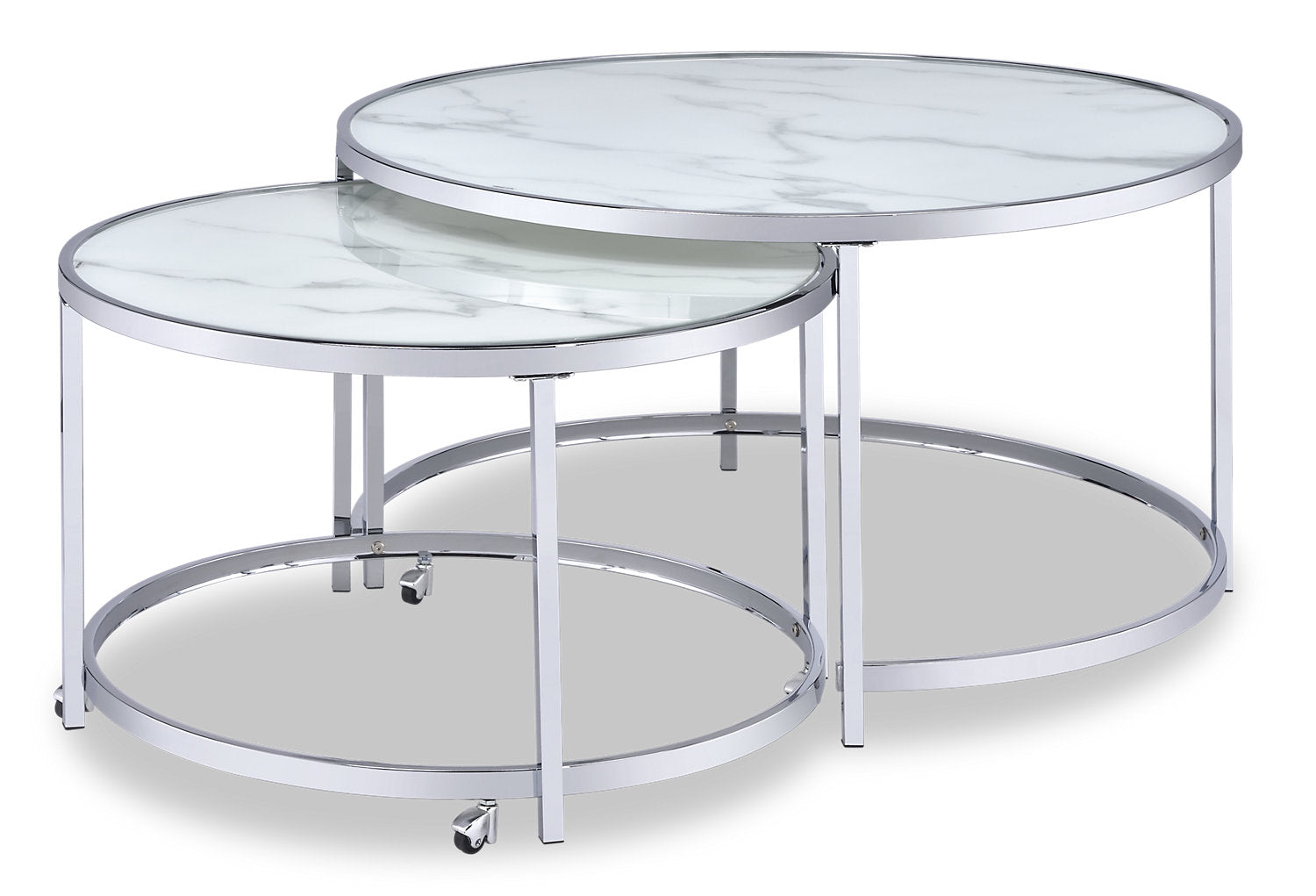 Josie 36" Glam Round Glass Top Nesting Coffee Tables - Grey Marble Look with Metal Legs|Tables à café gigognes rondes somptueuses Josie de 36 po avec dessus en verre - imitation de marbre gris avec pattes en métal