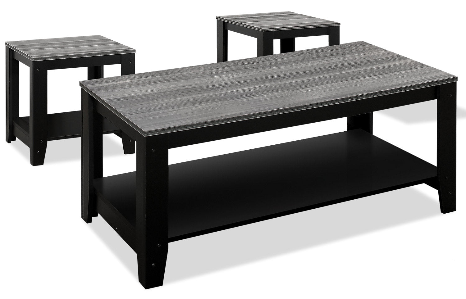 Rory 42" Traditional 3-Pack Coffee + 2 End Tables with Shelf - Grey and Black |Ensemble 3 tables traditionnelles Rory de 42 po (table à café et 2 tables de bout) avec tablette - gris et noir