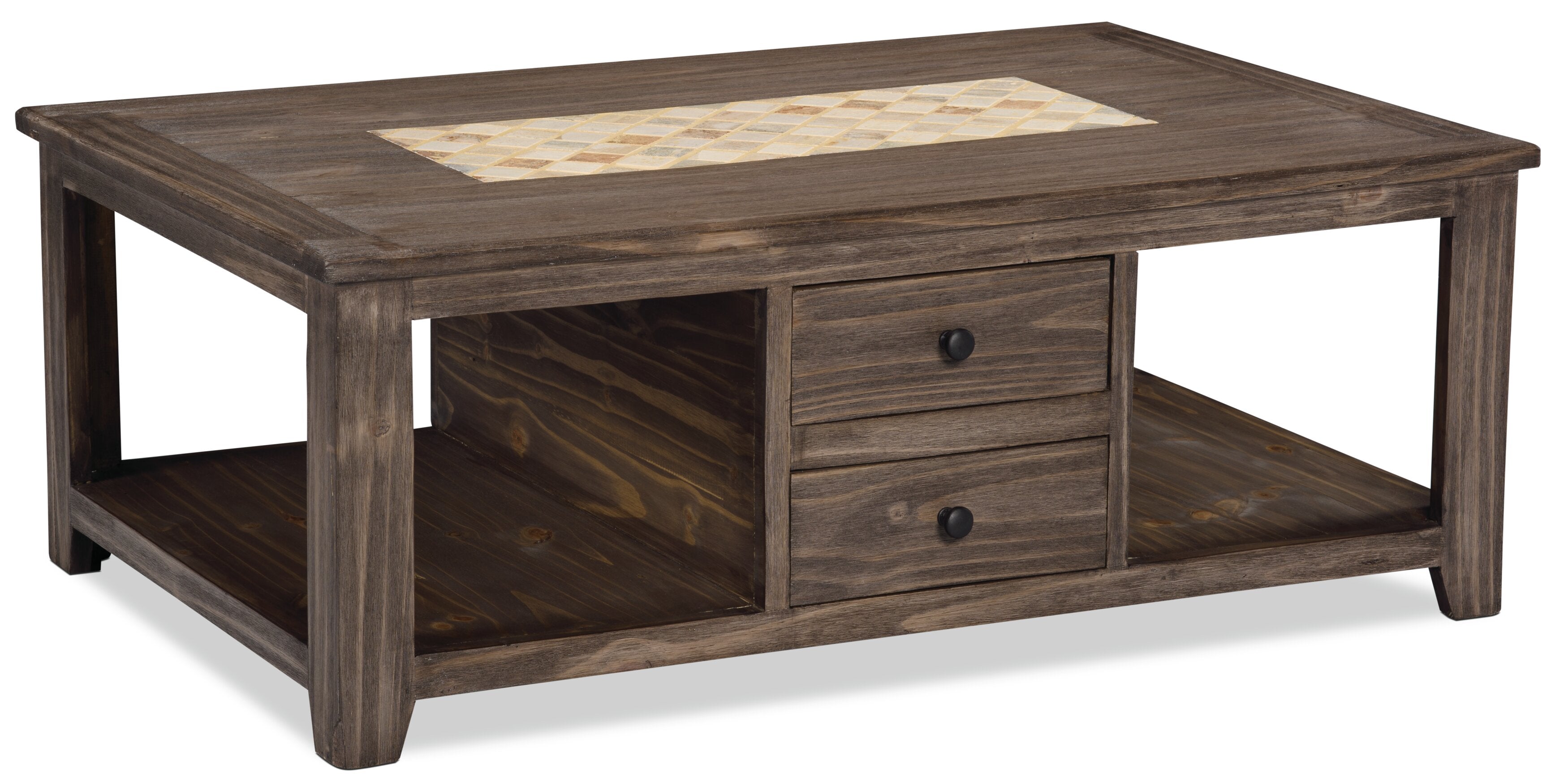 Santa Fe Rustico 47.25" Rustic Coffee Table with Storage and Shelf - Grey Pine with Marble Inset|Table à café rustique Santa Fe Rustico de 47,25 po avec rangement et tablette - pin gris avec incrustation de marbre