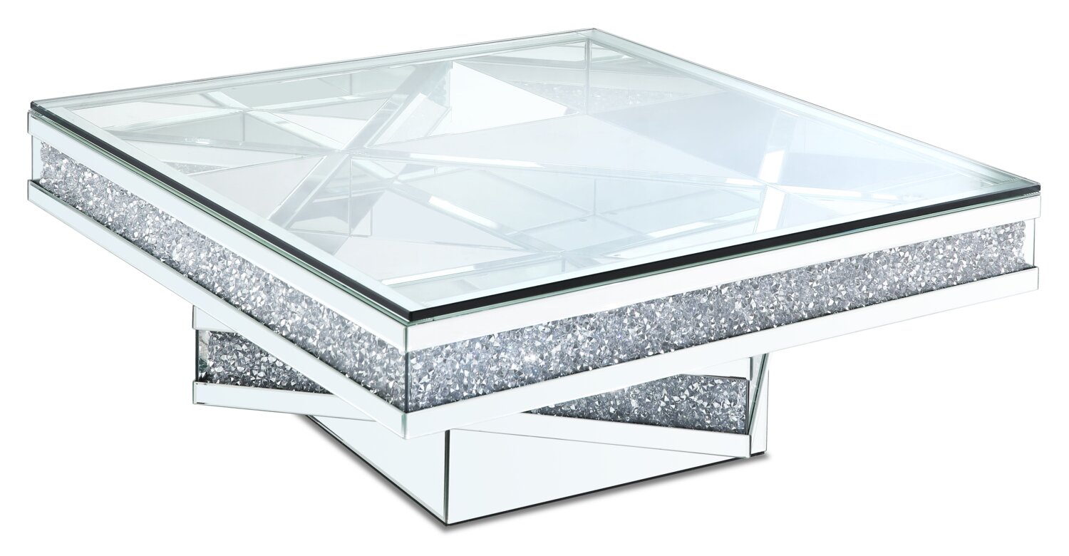 Rosie 39" Glam Mirror & Glass Top Coffee Table - Silver Metal with Diamond Look Legs|Table à café somptueuse Rosie de 39 po avec dessus en miroir et en verre - métal argenté avec pattes à apparence de diamant