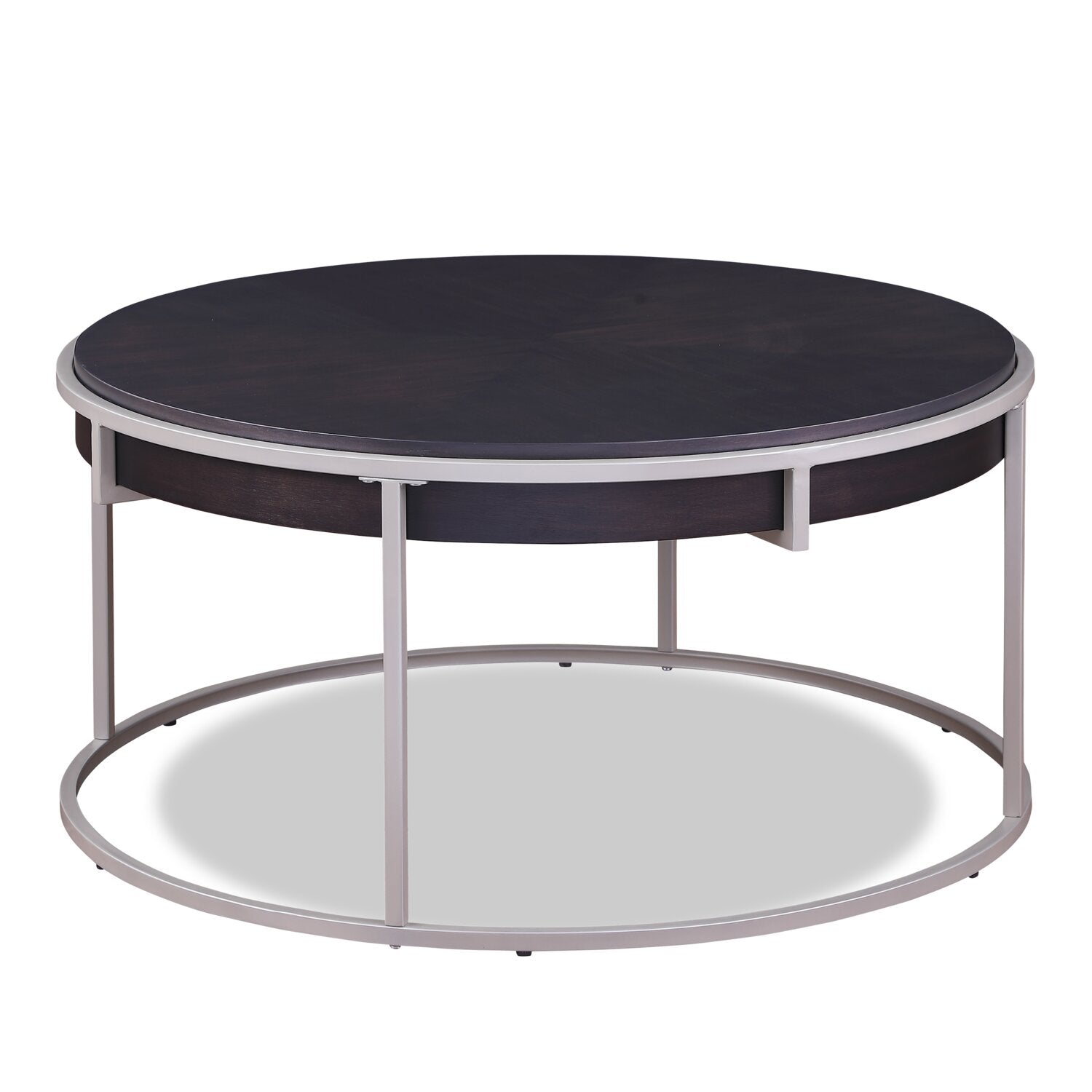 Jaida 38" Modern Round Coffee Table - Brown with Grey Metal Base | Table à café moderne Jaida ronde de 38 po - brune avec base en métal gris