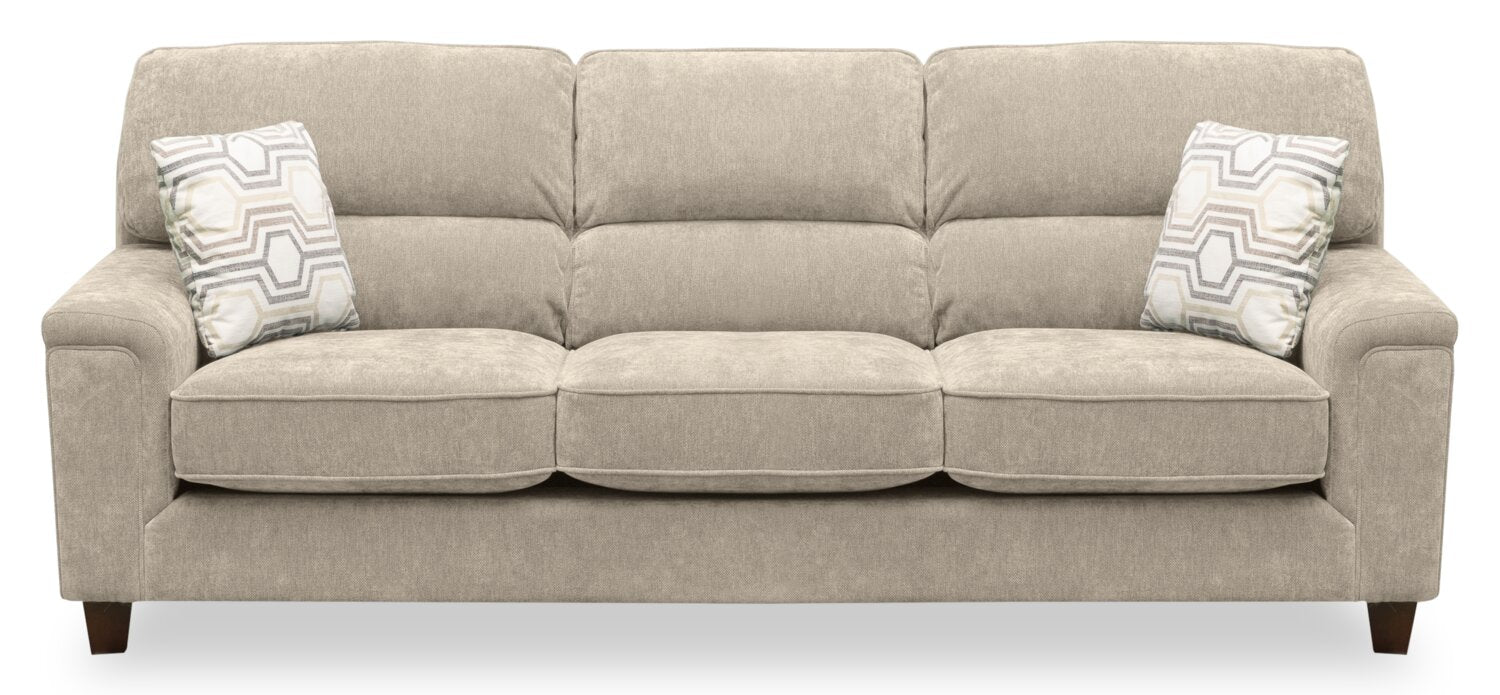Lyric 88.1" Chenille Fabric Sofa with Reversible Seat Cushions, Accent Pillows and Wood Legs - Taupe | Sofa Lyric de 88,1 po en tissu de chenille avec coussins de siège réversibles, coussins décoratifs et pattes en bois - taupe