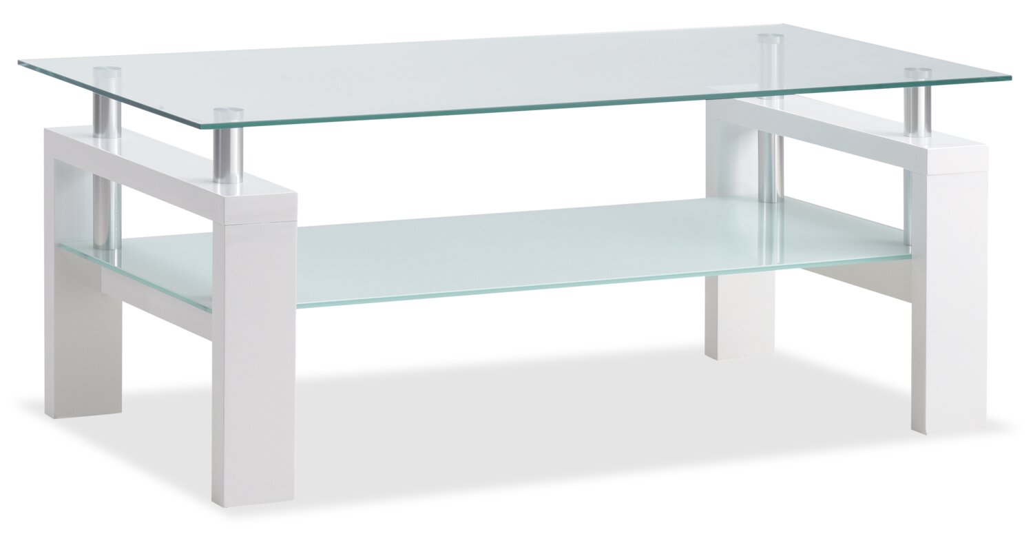 Harvy 47.25" Modern Glass Top Coffee Table with Shelf - White |Table à café moderne Harvy de 47,25 po avec dessus en verre et tablette - blanche