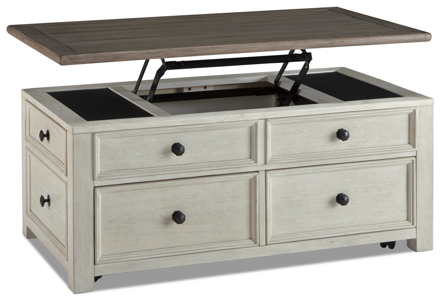 Colby 46" Rustic Lift Top Coffee Table with Storage and Casters - Two Tone Wood|Table à café rustique Colby de 46 po avec dessus relevable, rangement et roulettes - bois deux teintes