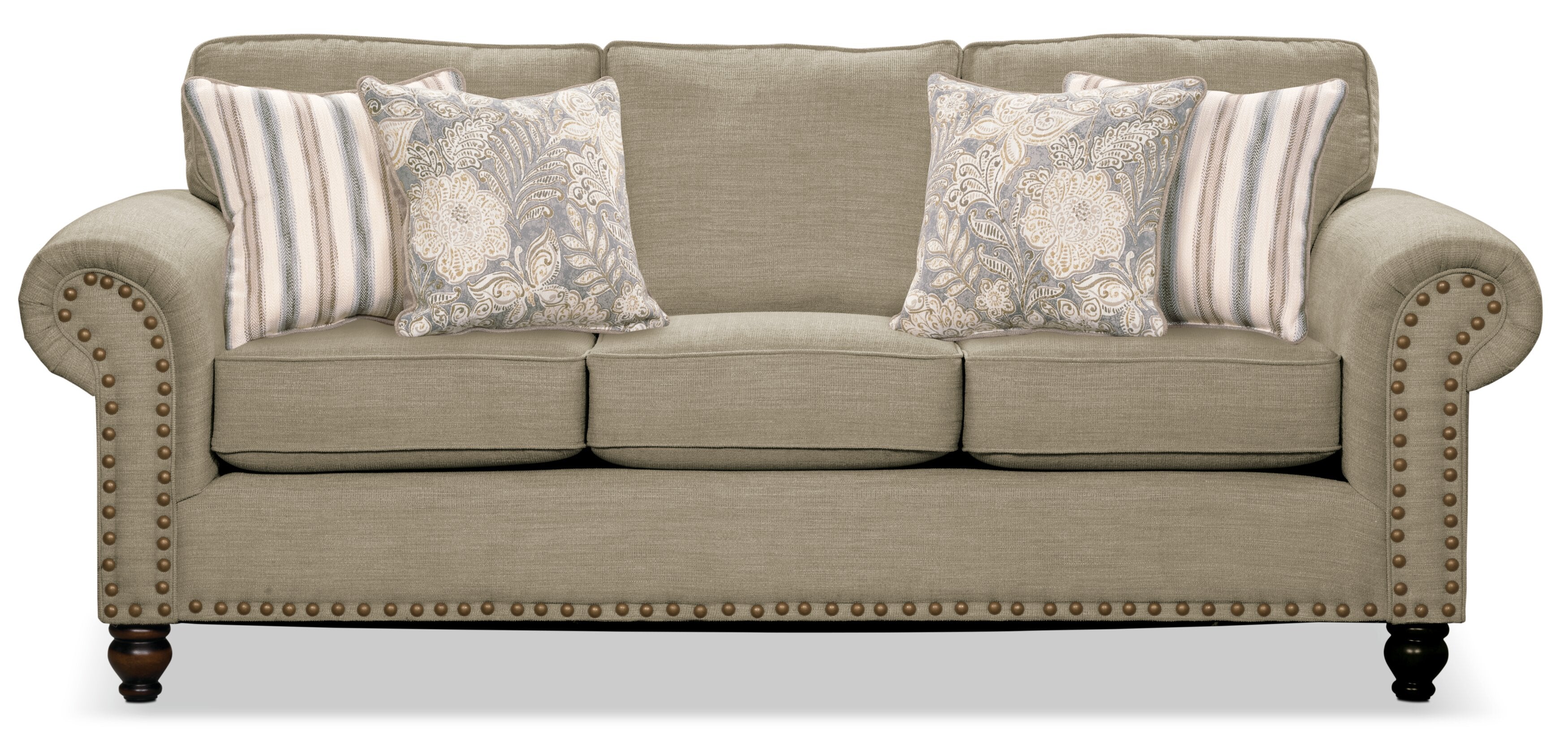 Made in Canada Wynn 93" Chenille Fabric Sofa with Nailhead Trim and Wood Bun Legs - Taupe | Sofa Wynn de 93 po fabriqué au Canada en tissu de chenille avec bordure de clous décoratifs et pattes en oignon en bois - taupe