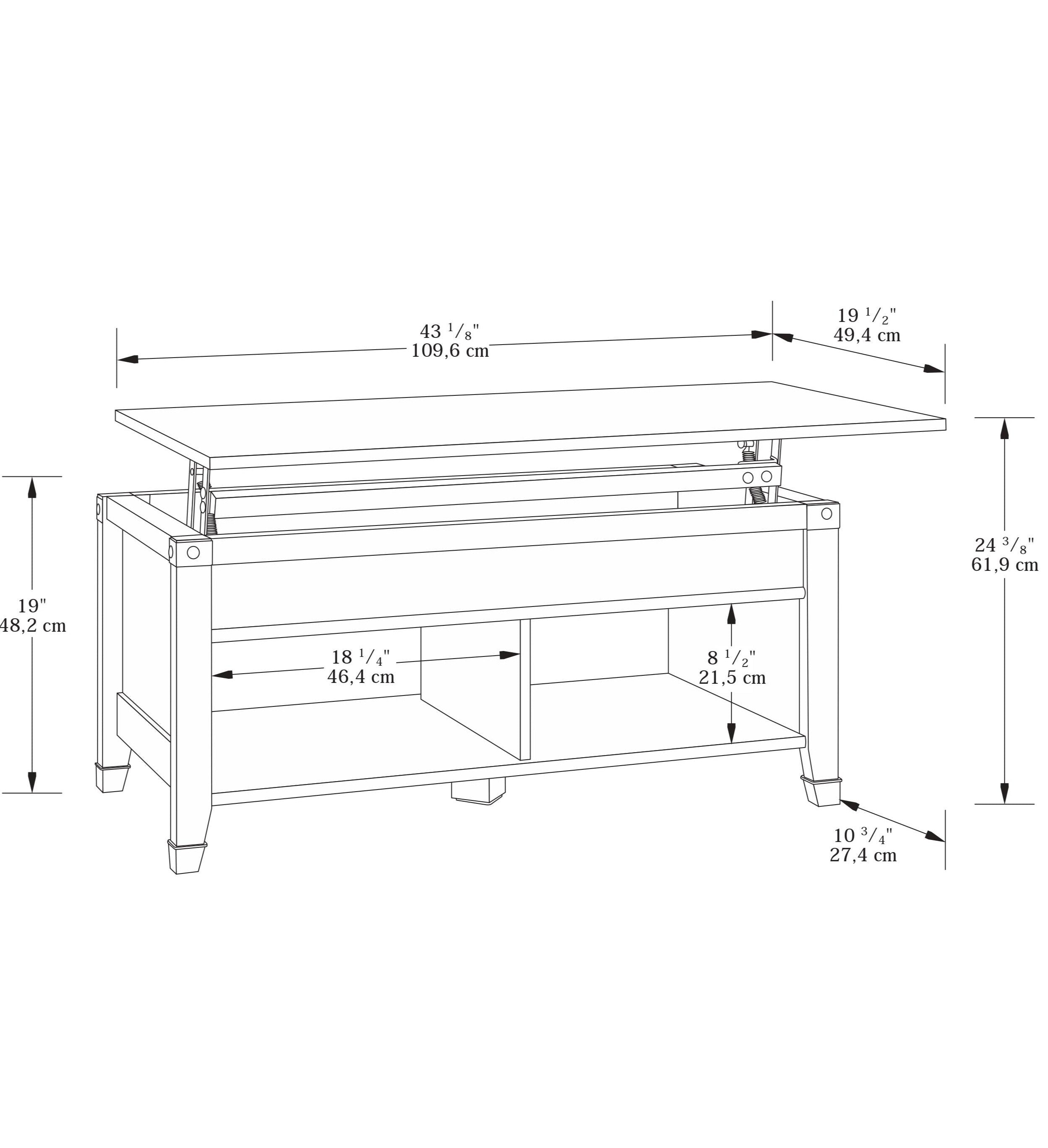 Carson 43.15" Rustic Lift Top Coffee Table with Storage and Shelf - Cherry Wood with Metal Hardware|Table à café rustique Carson de 43,15 po avec dessus relevable, rangement et tablette - bois cerisier avec quincaillerie en métal
