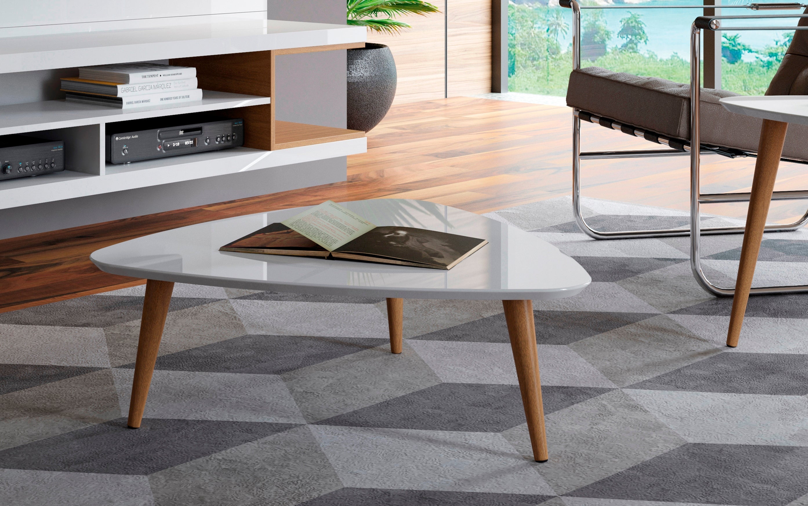 Manhattan Comfort Utopia 17.51" High Triangle Coffee Table with Splayed Legs - White Gloss|Grande table à café triangulaire Utopia de Manhattan Comfort de 17,51 po avec pattes évasées - blanc lustré