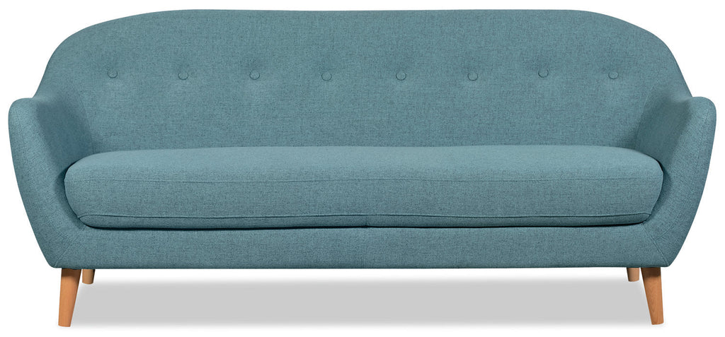 Calla 73.62" Linen-Look Fabric Condo Size Sofa with Button Tufting and Wood Legs - Blue | Sofa Calla de 73,62 po de format condo en tissu d’apparence lin avec capitonnage et pattes en bois - bleu