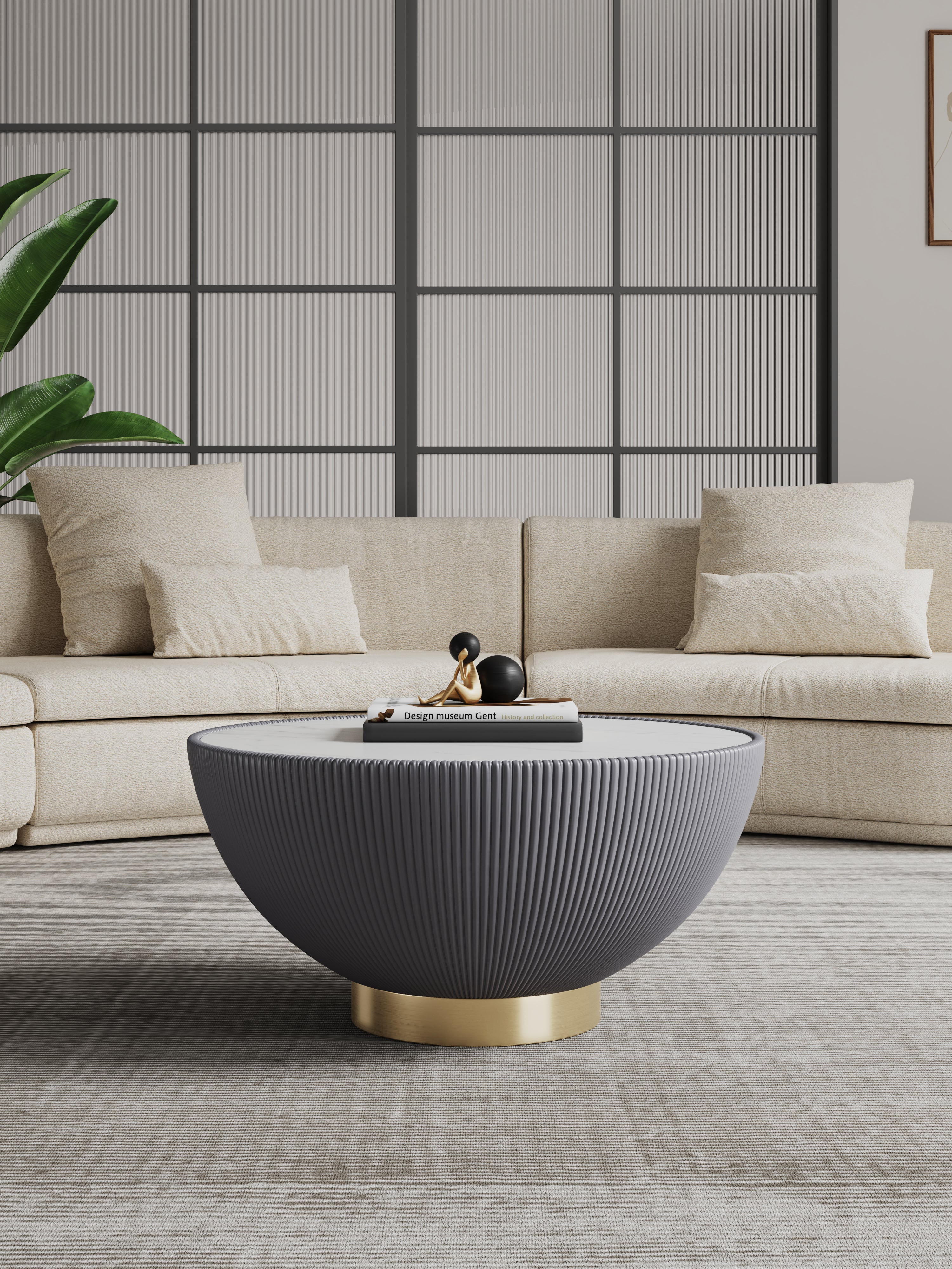 Manhattan Comfort Modern Anderson Coffee Table Upholstered Leatherette with Ceramic Faux Marble Tabletop - Grey|Table à café moderne Anderson de Manhattan Comfort avec revêtement en similicuir et dessus de table en imitation de marbre en céramique - grise