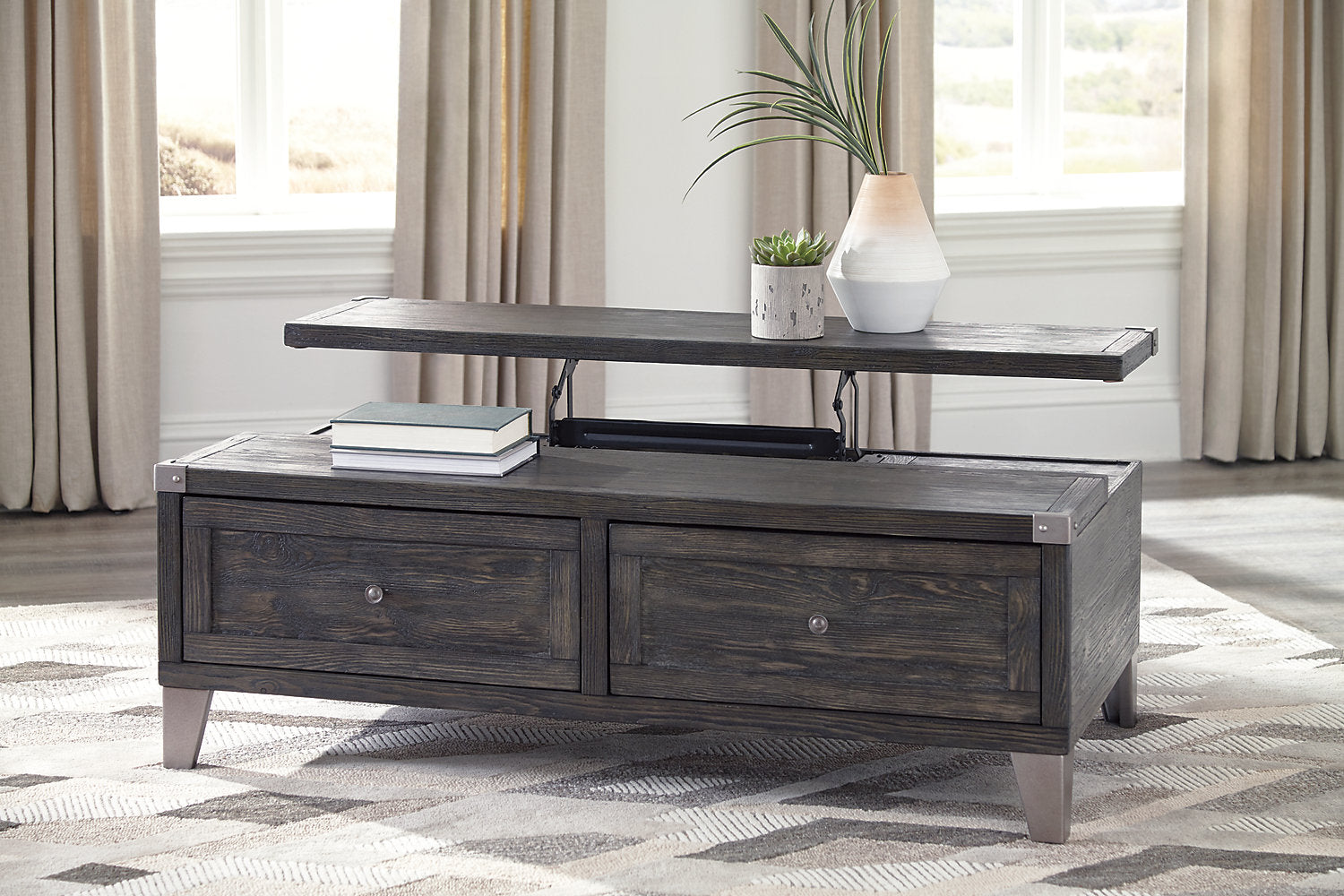 Hilla  54.38" Industrial Lift Top Coffee Table with Storage - Dark Brown Wood with Metal Legs|Table à café industrielle Hilla de 54,38 po avec dessus relevable et rangement - bois brun foncé avec pattes en métal