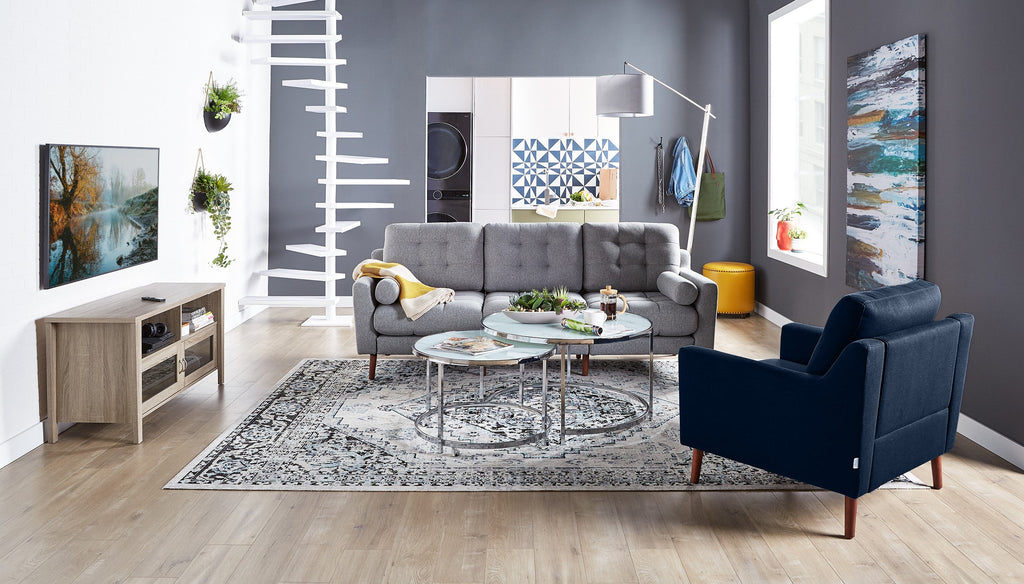 Josie 36" Glam Round Glass Top Nesting Coffee Tables - Grey Marble Look with Metal Legs|Tables à café gigognes rondes somptueuses Josie de 36 po avec dessus en verre - imitation de marbre gris avec pattes en métal