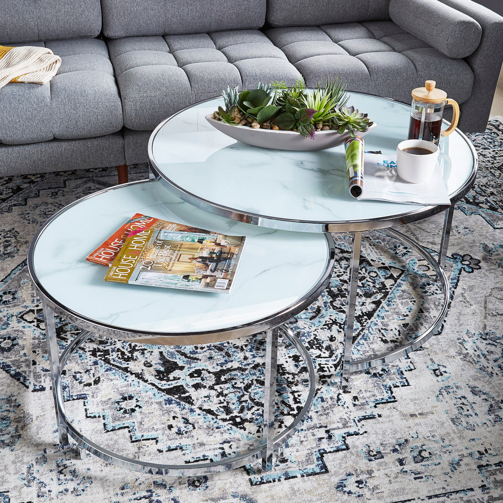 Josie 36" Glam Round Glass Top Nesting Coffee Tables - Grey Marble Look with Metal Legs|Tables à café gigognes rondes somptueuses Josie de 36 po avec dessus en verre - imitation de marbre gris avec pattes en métal