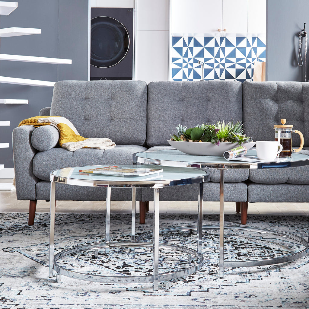 Josie 36" Glam Round Glass Top Nesting Coffee Tables - Grey Marble Look with Metal Legs|Tables à café gigognes rondes somptueuses Josie de 36 po avec dessus en verre - imitation de marbre gris avec pattes en métal