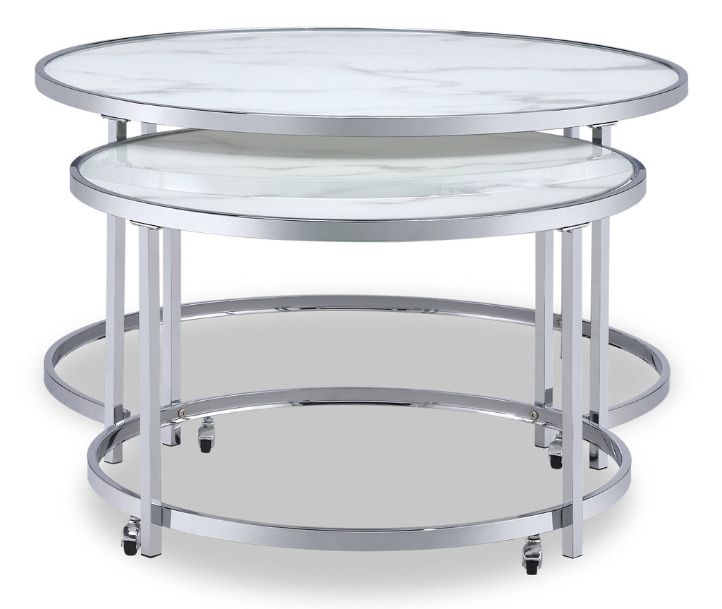 Josie 36" Glam Round Glass Top Nesting Coffee Tables - Grey Marble Look with Metal Legs|Tables à café gigognes rondes somptueuses Josie de 36 po avec dessus en verre - imitation de marbre gris avec pattes en métal
