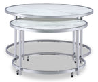 Josie 36" Glam Round Glass Top Nesting Coffee Tables - Grey Marble Look with Metal Legs|Tables à café gigognes rondes somptueuses Josie de 36 po avec dessus en verre - imitation de marbre gris avec pattes en métal