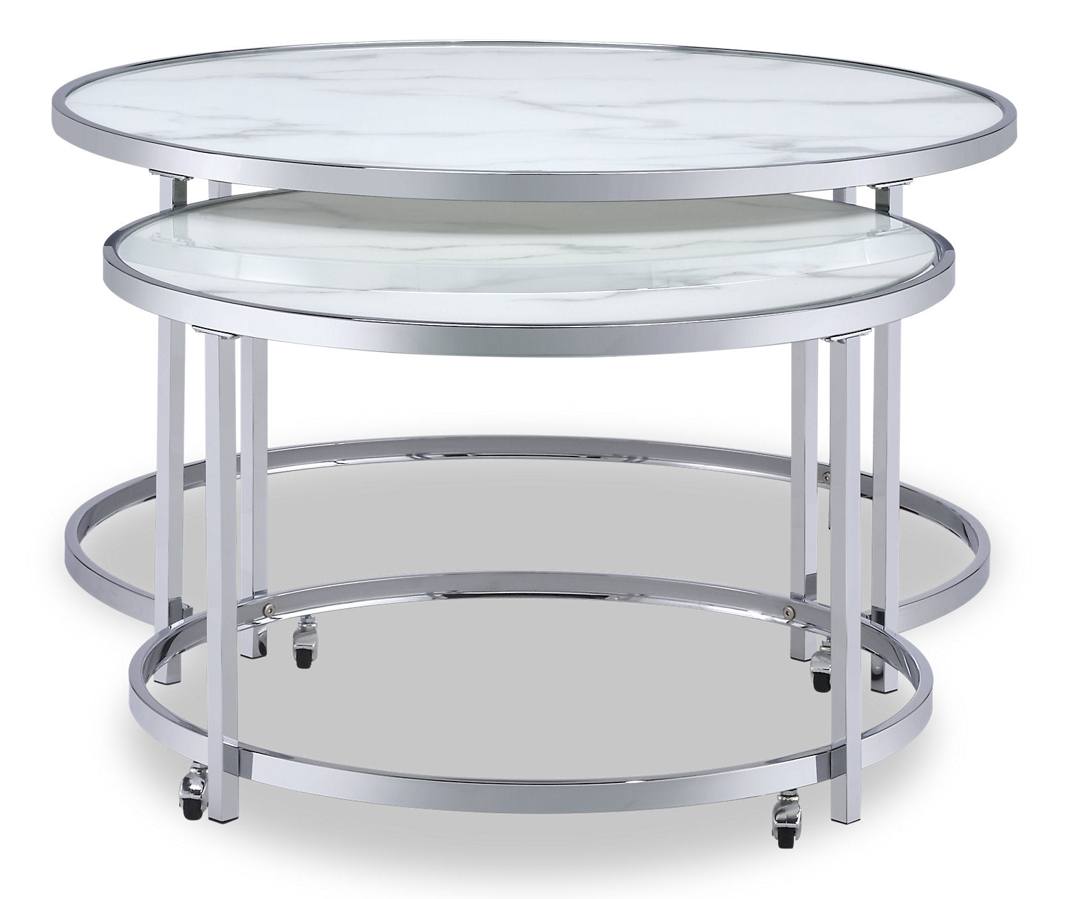 Josie 36" Glam Round Glass Top Nesting Coffee Tables - Grey Marble Look with Metal Legs|Tables à café gigognes rondes somptueuses Josie de 36 po avec dessus en verre - imitation de marbre gris avec pattes en métal