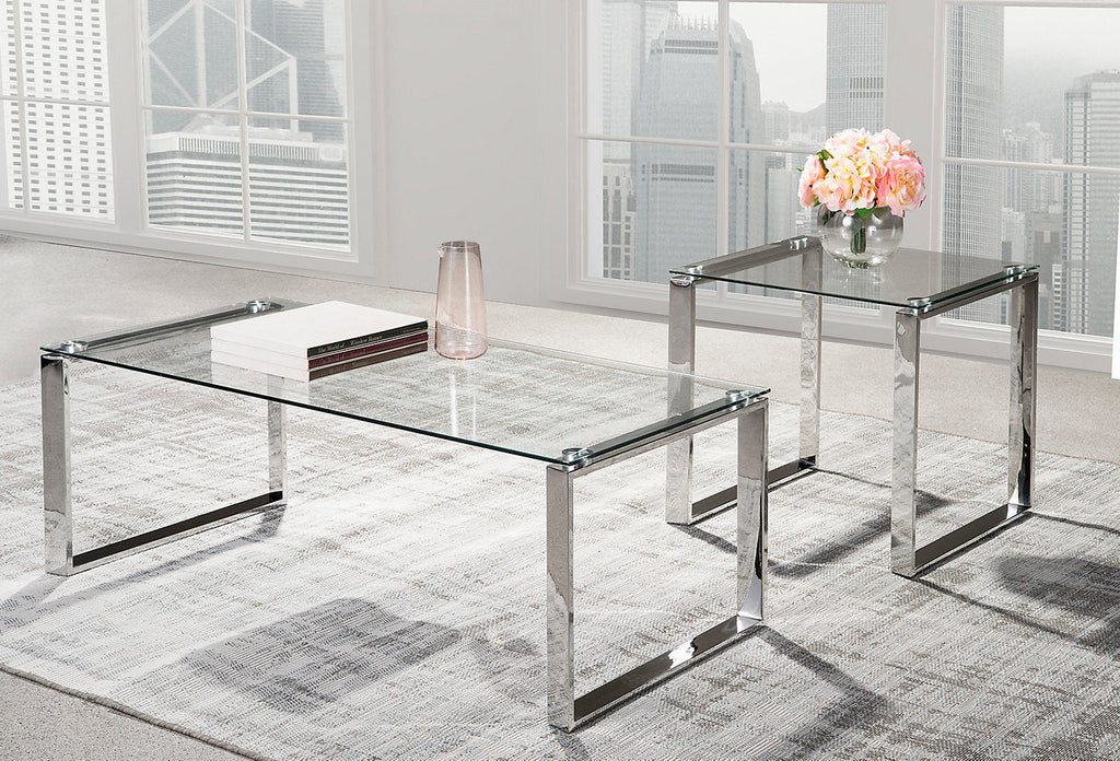 Metro 47" Modern Glass Top Coffee Table - Silver with Metal Legs|Table à café moderne Metro de 47 po avec dessus en verre - argentée avec pattes en métal