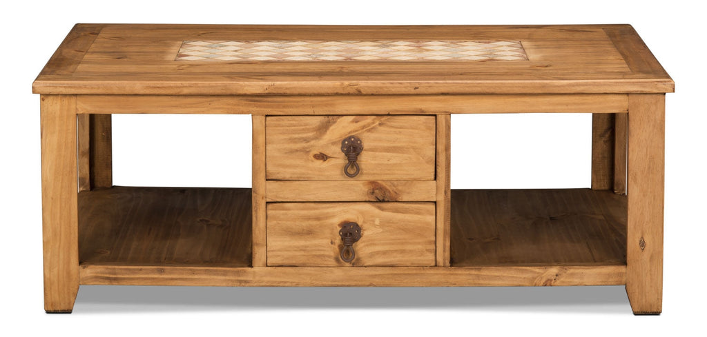 Santa Fe Rustico 47.25" Rustic Coffee Table with Storage and Shelf - Natural Pine with Marble Inset|Table à café rustique Santa Fe Rustico de 47,25 po avec rangement et tablette - pin naturel avec incrustation de marbre