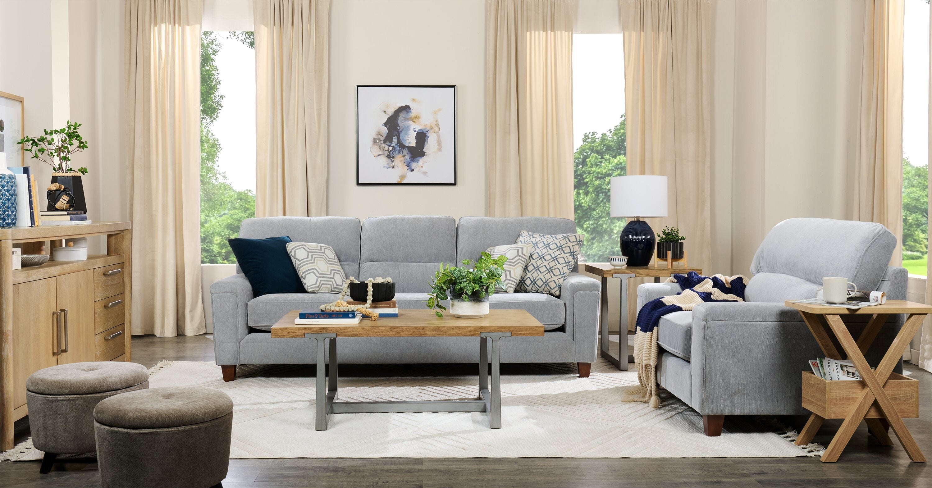Alton 48" Modern Coffee Table - Light Oak with Grey Metal Legs | Table à café Alton moderne de 48 po - chêne clair avec pattes en métal gris