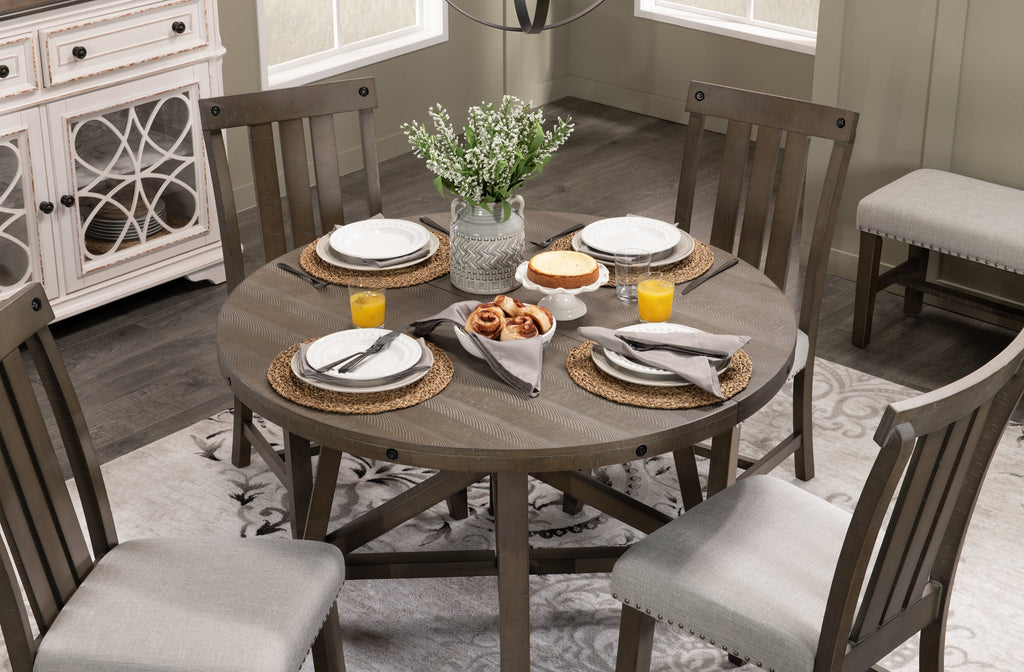 Alto Round Dining Table with 48-66"W Extension, Trestle Base - Grey | Table de salle à manger ronde Alto de 48 po à 66 po avec rallonge et base à tréteaux - grise