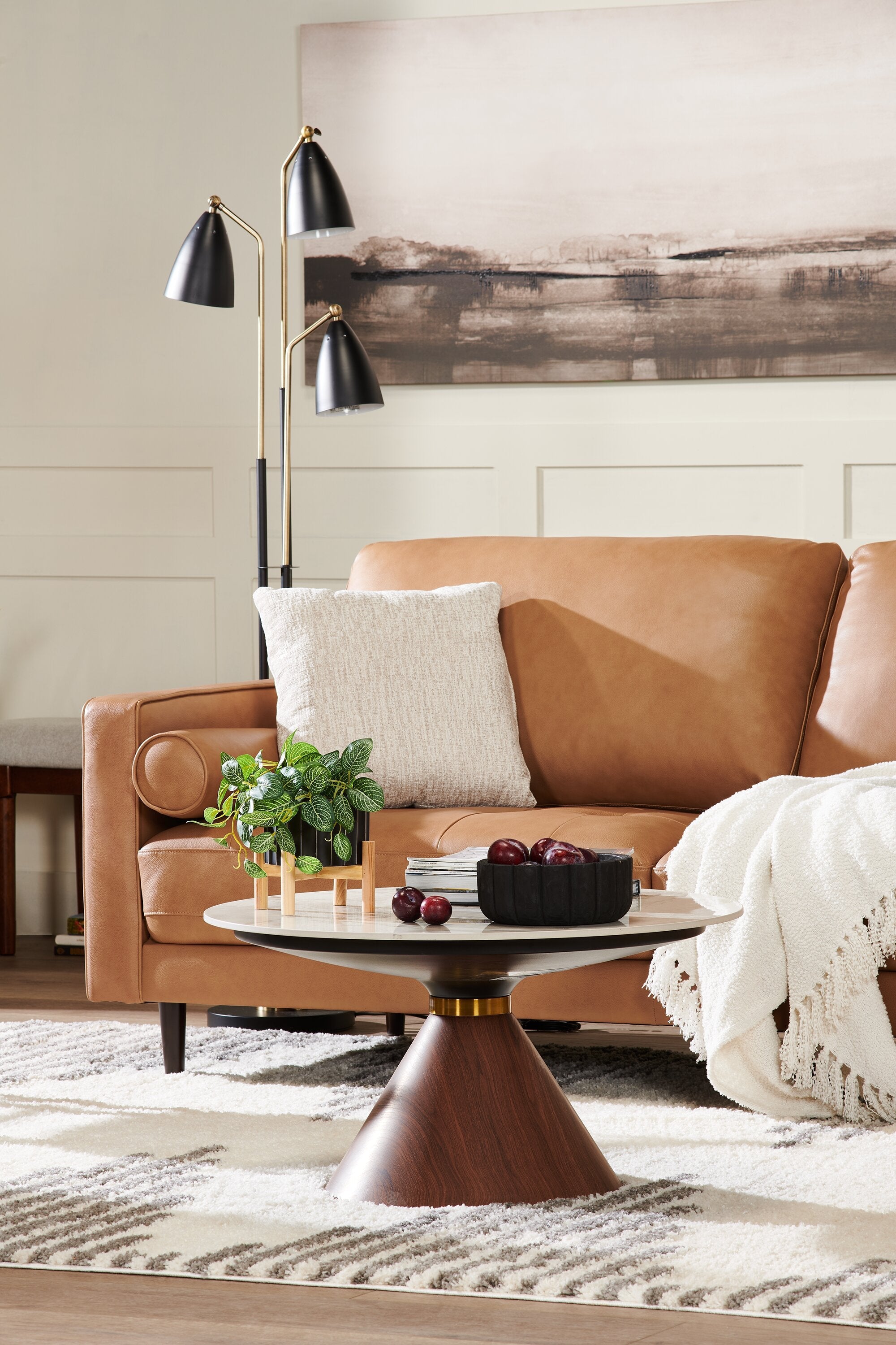 Alwin 31.5” Modern Round Coffee Table with White Sintered Stone Top - Brown | Table à café ronde moderne Alwin de 31,5 po avec dessus en pierre frittée blanche - brune