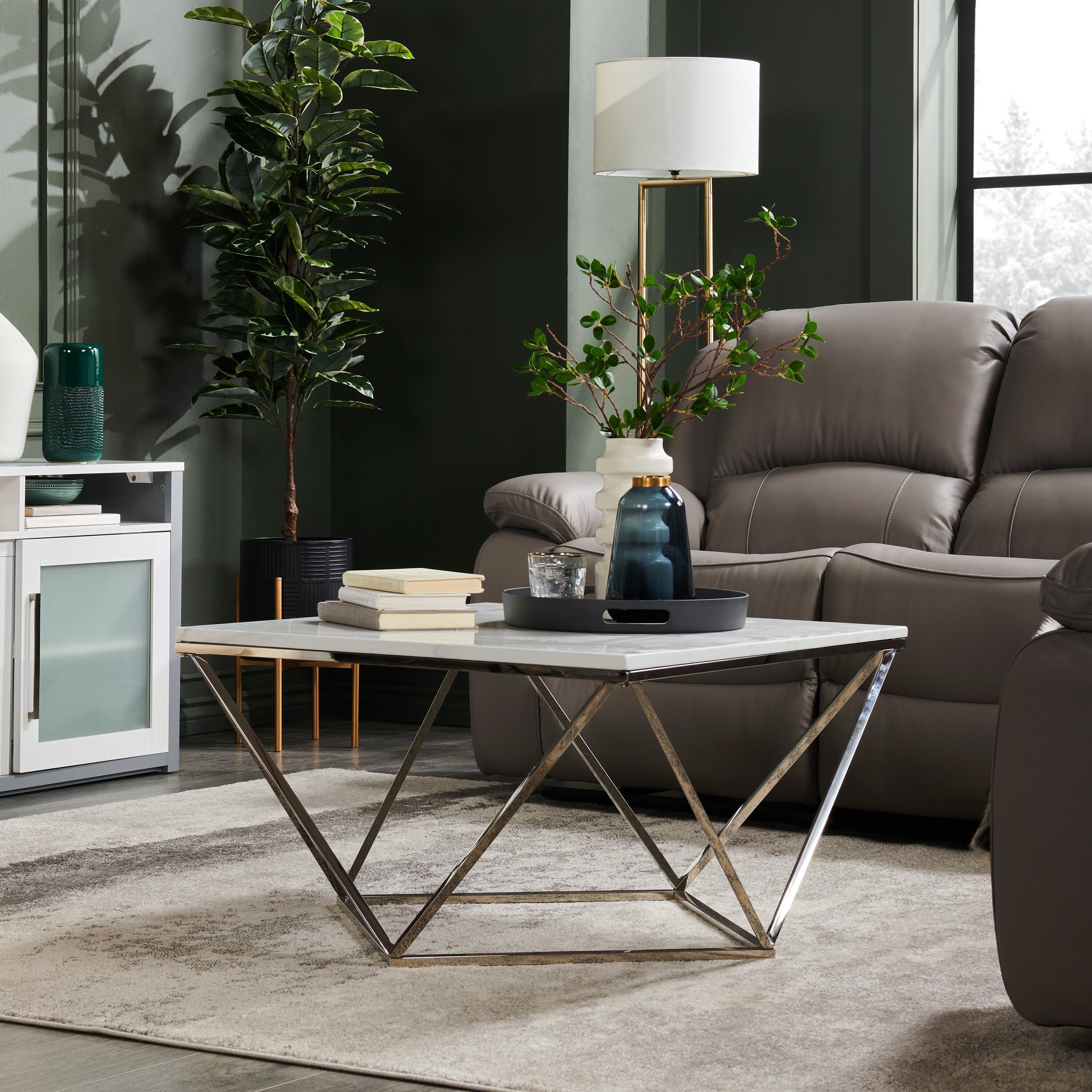 Amanda 31.5" Modern Square Coffee Table - White Marble Top with Chrome Metal Base|Table à café carrée moderne Amanda de 31,5 po - dessus en marbre blanc avec base en métal chromé