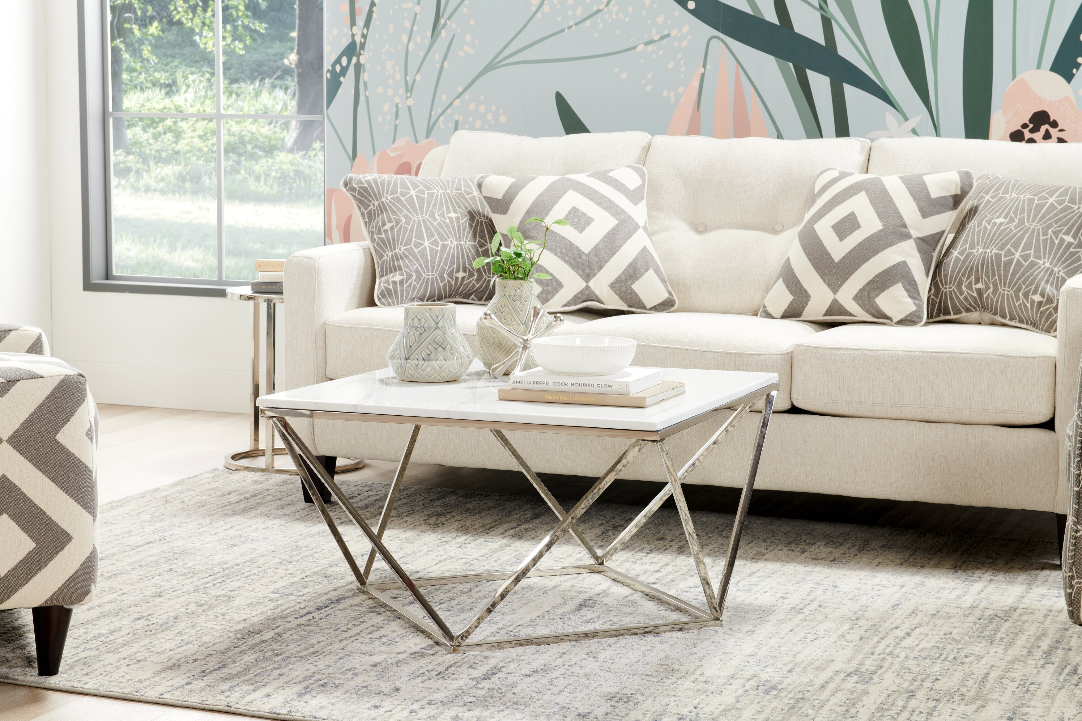 Amanda 31.5" Modern Square Coffee Table - White Marble Top with Chrome Metal Base|Table à café carrée moderne Amanda de 31,5 po - dessus en marbre blanc avec base en métal chromé