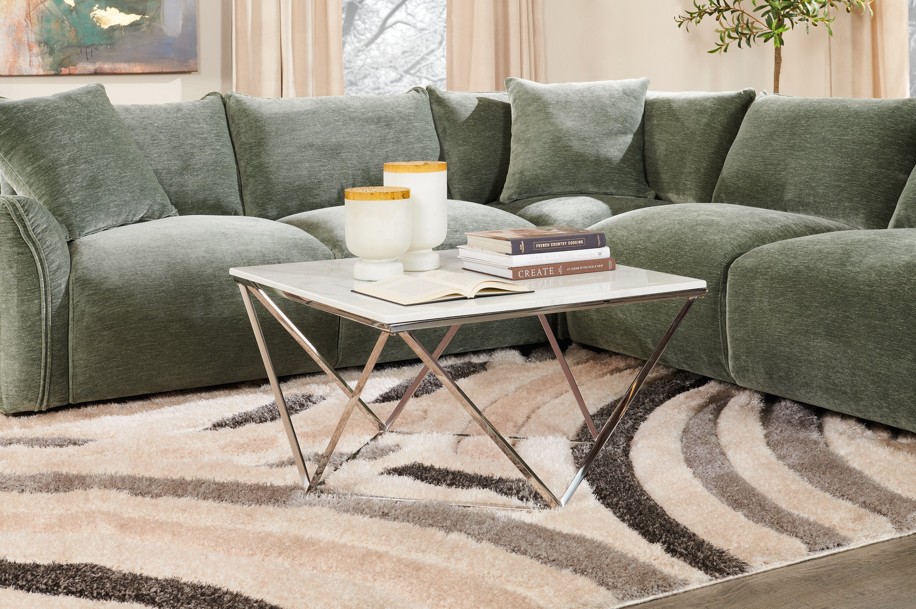 Amanda 31.5" Modern Square Coffee Table - White Marble Top with Chrome Metal Base|Table à café carrée moderne Amanda de 31,5 po - dessus en marbre blanc avec base en métal chromé