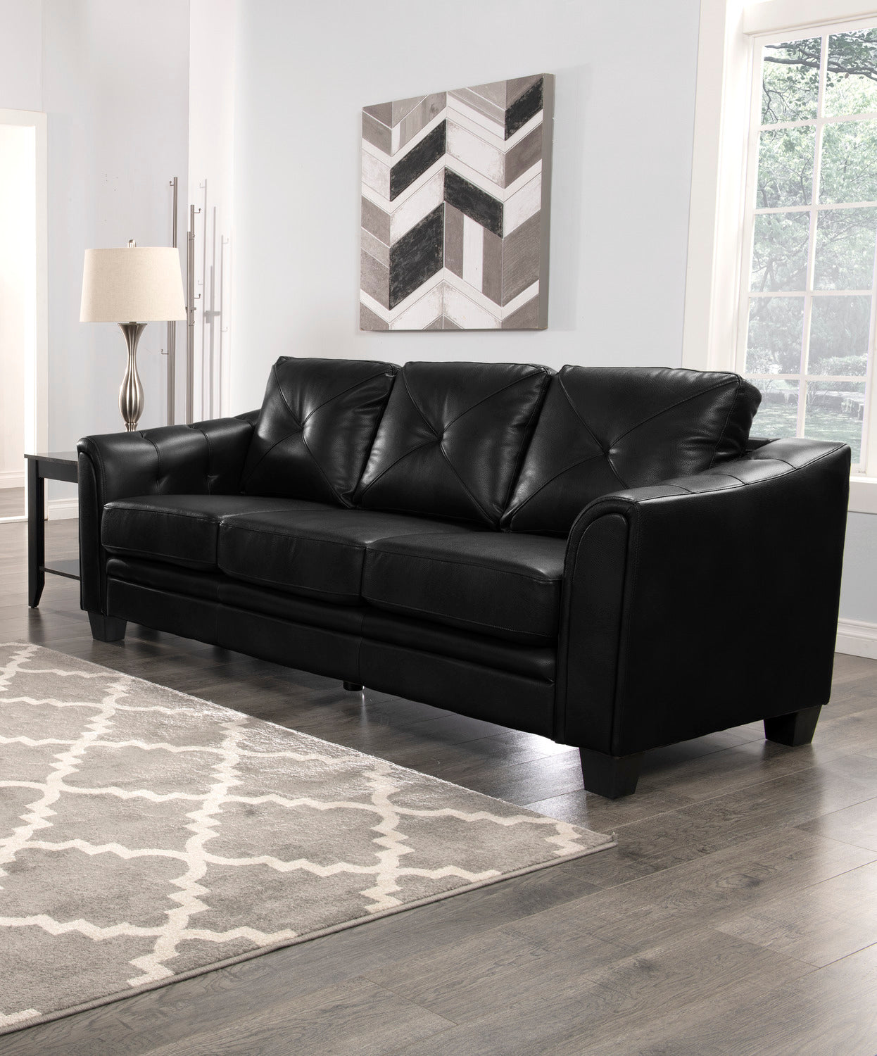 Andi 84" Leather-Look Fabric Sofa with Button Tufting - Black | Sofa Andi de 84 po en tissu d’apparence cuir avec capitonnage - noir