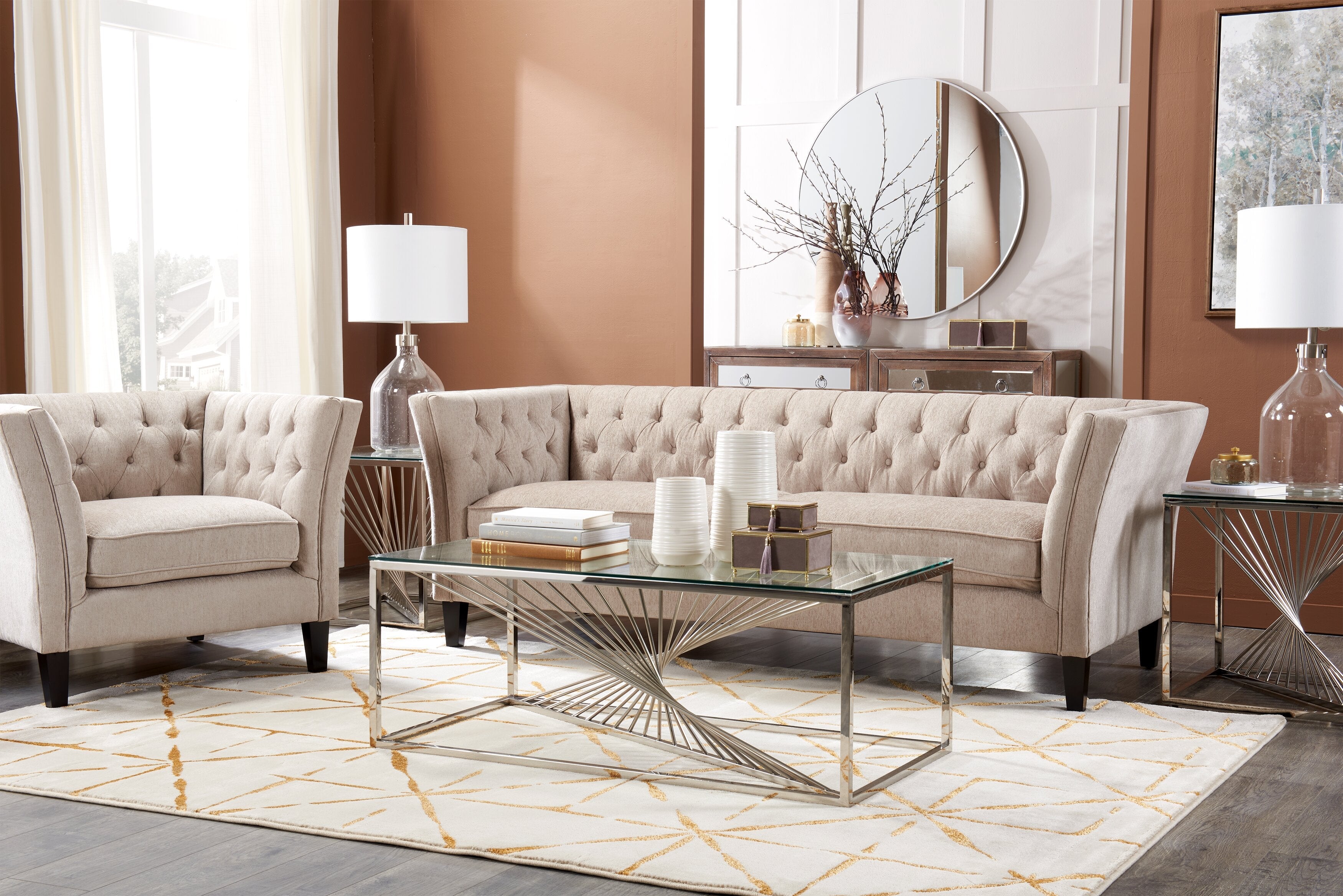 Andreas 47.25" Modern Glass Top Coffee Table - Silver with Chrome Metal Base|Table à café moderne Andreas de 47,25 po avec dessus en verre - argentée avec base en métal chromé
