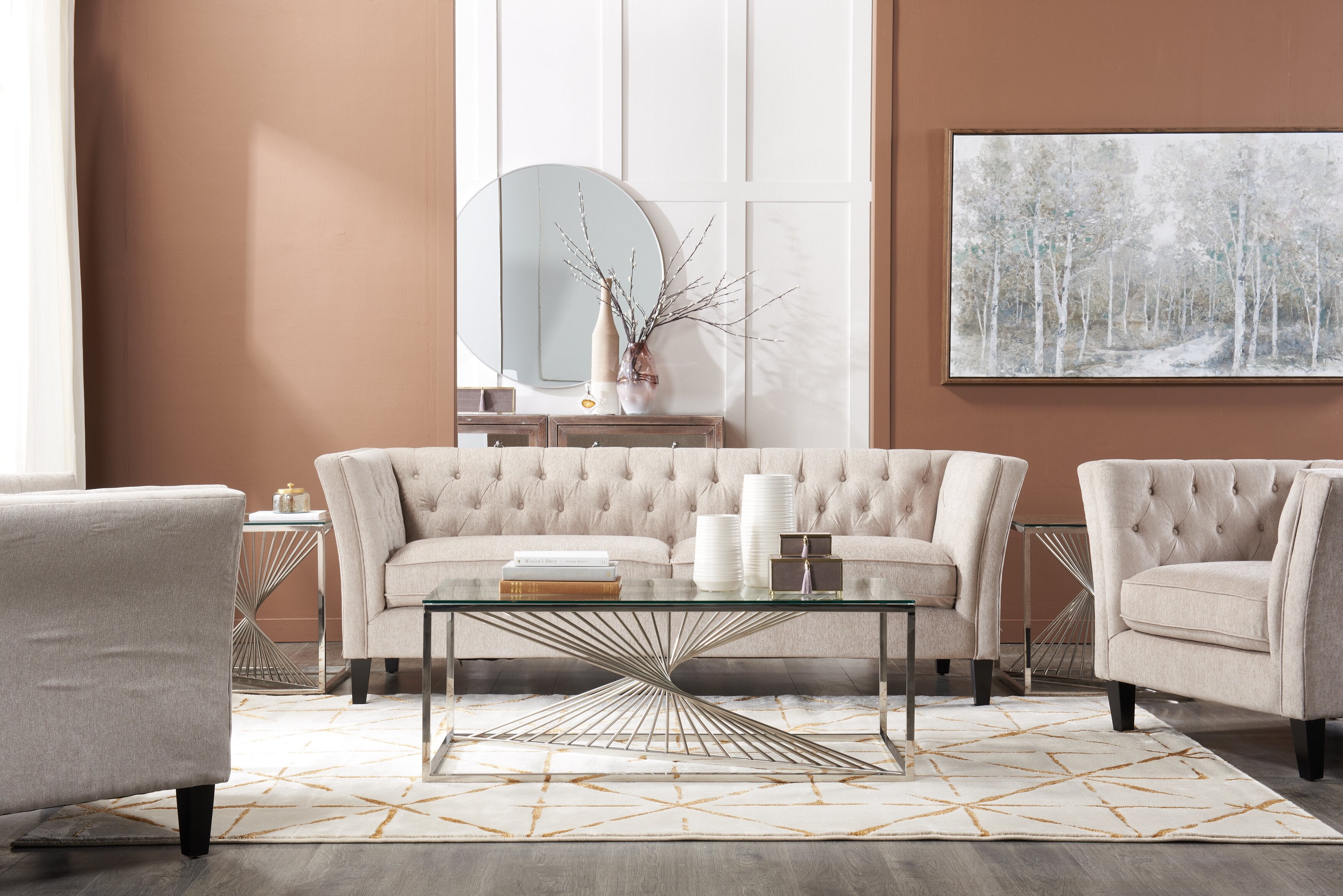 Andreas 47.25" Modern Glass Top Coffee Table - Silver with Chrome Metal Base|Table à café moderne Andreas de 47,25 po avec dessus en verre - argentée avec base en métal chromé