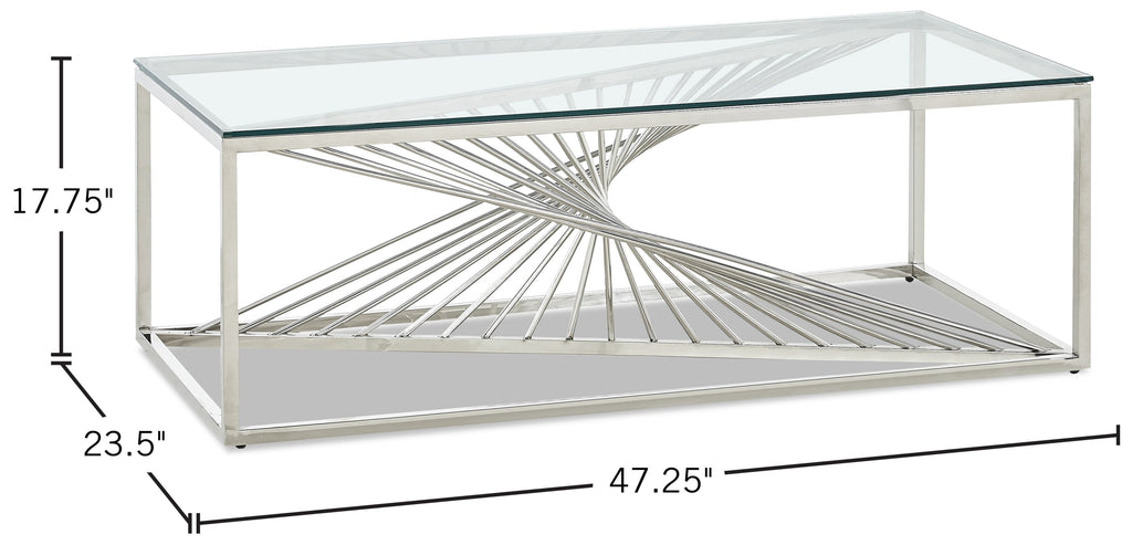 Andreas 47.25" Modern Glass Top Coffee Table - Silver with Chrome Metal Base|Table à café moderne Andreas de 47,25 po avec dessus en verre - argentée avec base en métal chromé