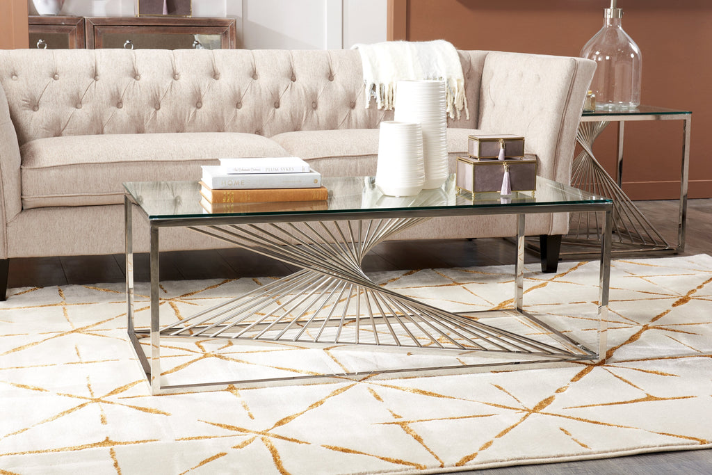 Andreas 47.25" Modern Glass Top Coffee Table - Silver with Chrome Metal Base|Table à café moderne Andreas de 47,25 po avec dessus en verre - argentée avec base en métal chromé