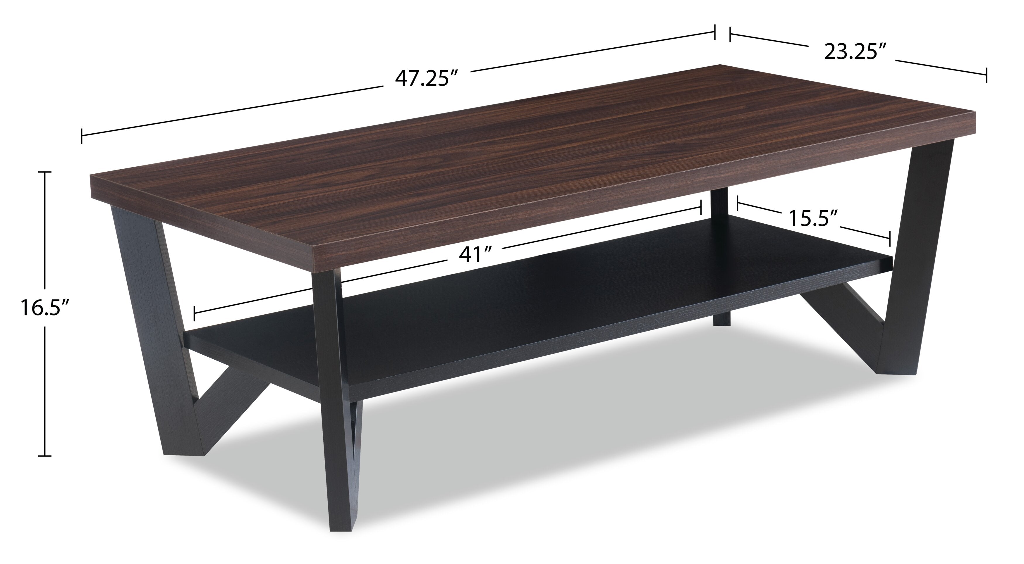 Arika 47.5" Modern 3-Pack Coffee + 2 End Tables with Shelf - Dark Walnut annd Black |Ensemble 3 tables modernes Arika de 47,5 po (table à café et 2 tables de bout) avec tablette - noyer foncé et noir