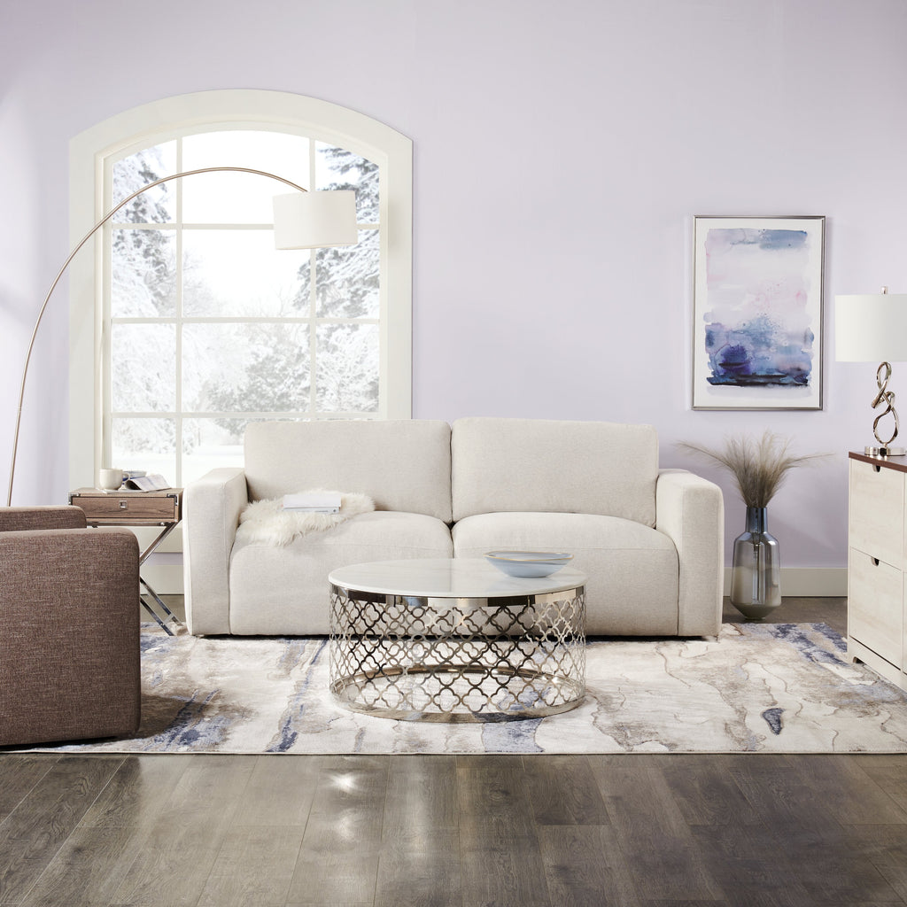 Belle 36" Glam Round Sofa Table - White Marble Top with Stainless Steel Base|Table de salon ronde somptueuse Belle de 36 po - dessus en marbre blanc avec base en acier inoxydable