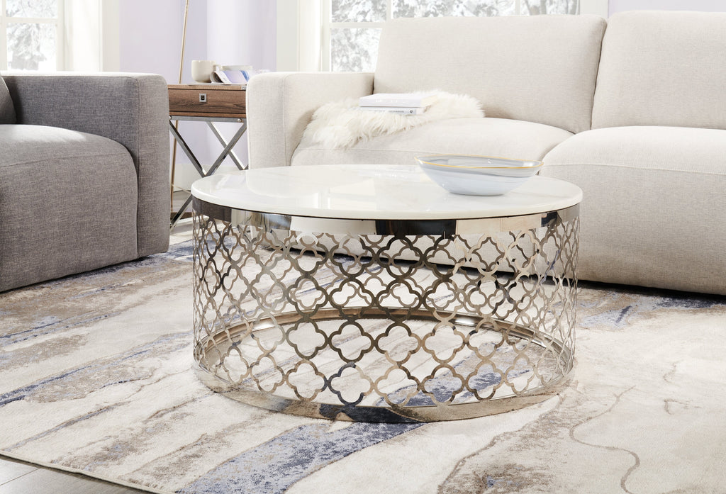Belle 36" Glam Round Sofa Table - White Marble Top with Stainless Steel Base|Table de salon ronde somptueuse Belle de 36 po - dessus en marbre blanc avec base en acier inoxydable