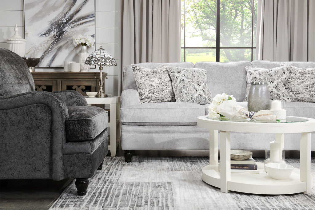 Made in Canada Bellmont 89" Chenille Fabric Sofa with Reversible Cushions and Wood Legs - Platinum Grey | Sofa Bellmont de 89 po fabriqué au Canada en tissu de chenille avec coussins réversibles et pattes en bois - gris platine