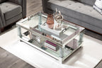 Berni 47.2" Glam Mirror & Glass Top Coffee Table with Shelf - Silver Metal with Diamond Look Legs|Table à café somptueuse Berni de 47,2 po avec dessus en miroir et en verre et tablette - métal argenté avec pattes à apparence de diamant