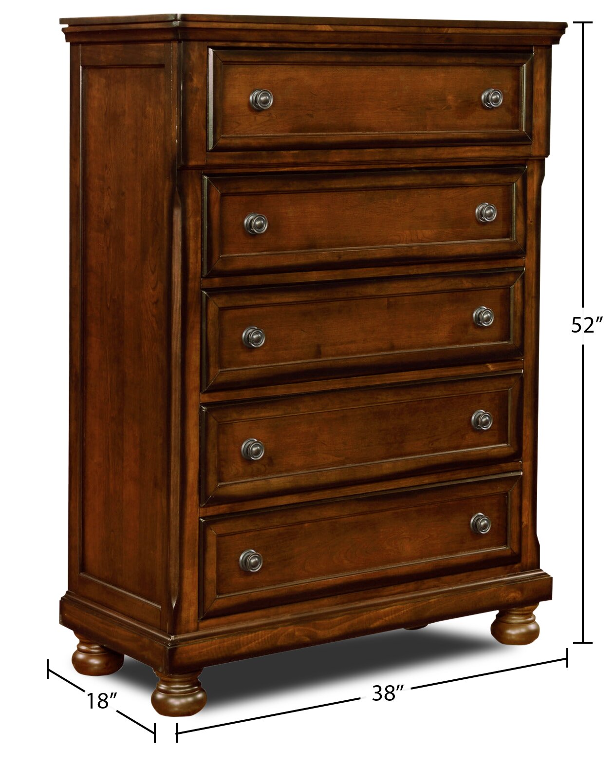 Chelsea Bedroom Chest of Drawers, 5-Drawer, 38"W x 52"H - Cherry Brown | Commode verticale Chelsea de 38 po (L) x 52 po (H) à 5 tiroirs pour la chambre à coucher - brun cerisier