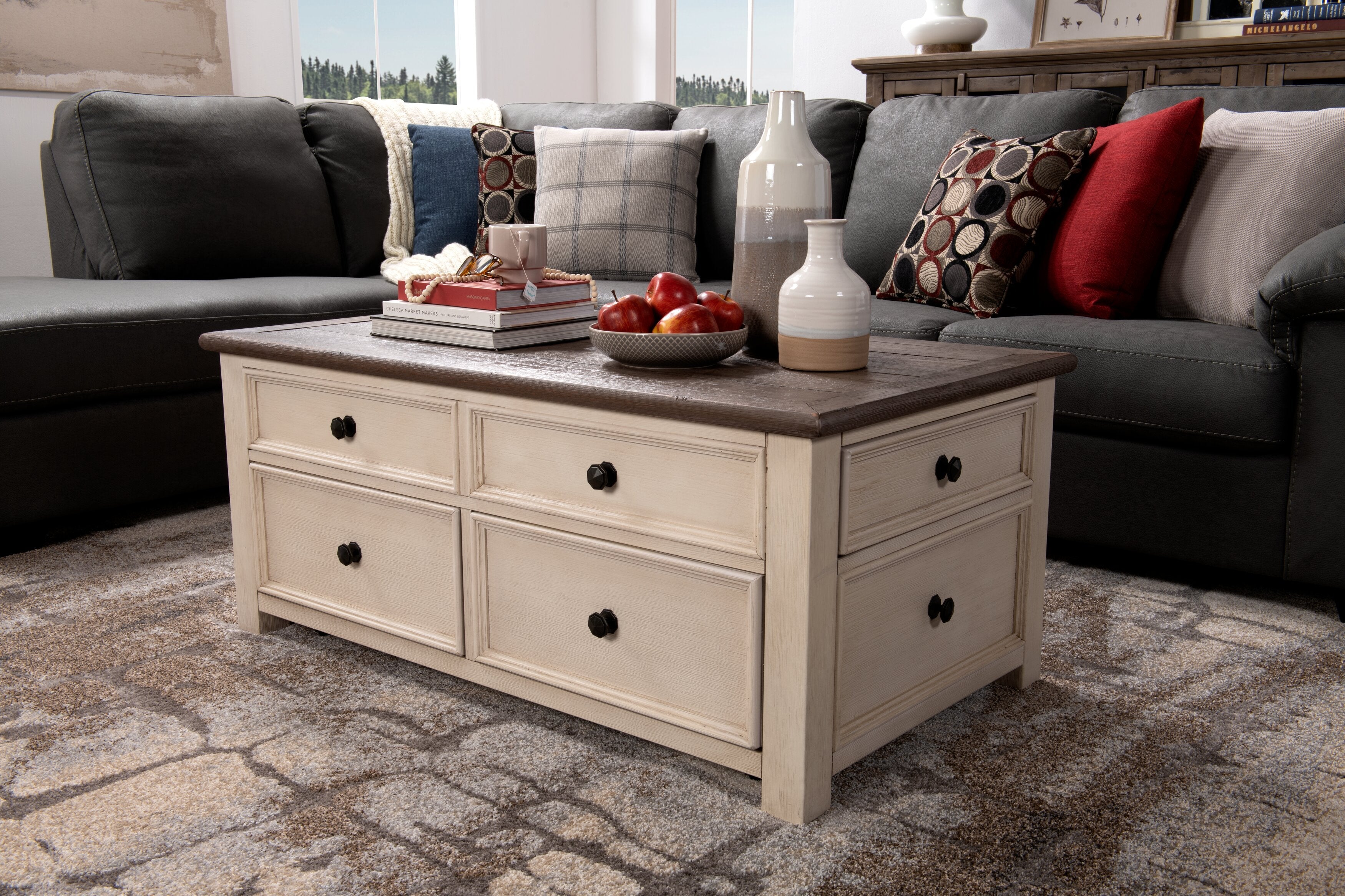Colby 46" Rustic Lift Top Coffee Table with Storage and Casters - Two Tone Wood|Table à café rustique Colby de 46 po avec dessus relevable, rangement et roulettes - bois deux teintes