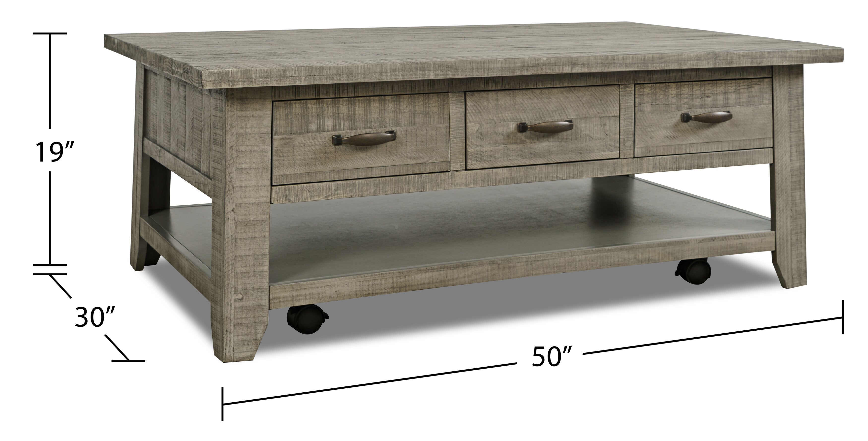 Colson 50" Rustic Coffee Table with Storage, Shelf and Casters - Driftwood |Table à café rustique Colson de 50 po avec rangement, tablette et roulettes - bois de grève