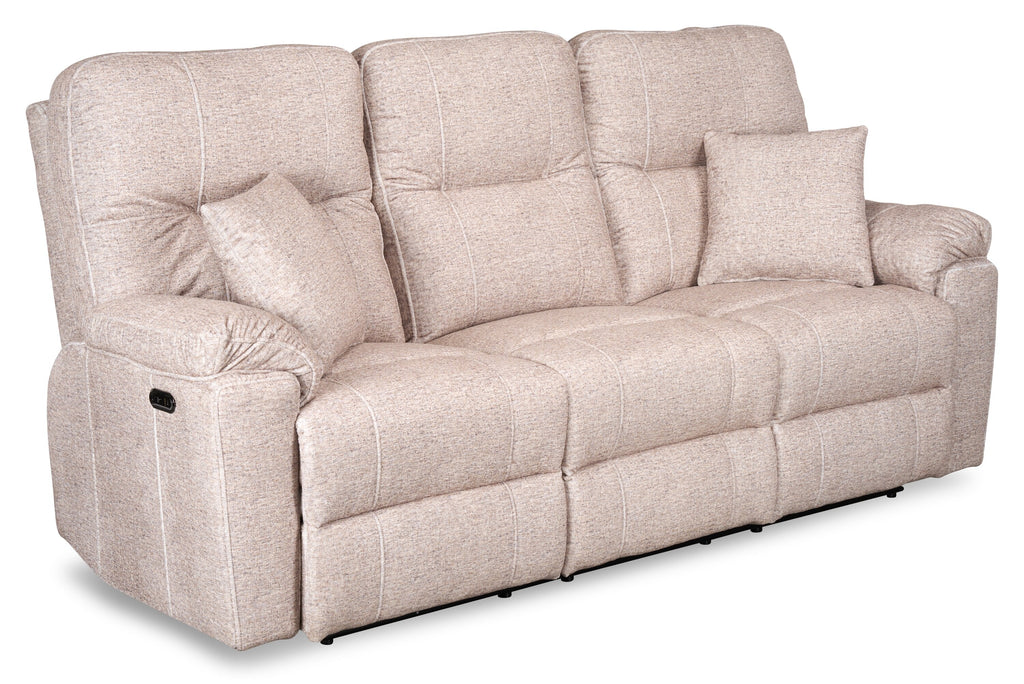 Made in Canada Dawson 87" Fabric Power Reclining Sofa with USB Port and Accent Pillows - Beige | Sofa à inclinaison électrique Dawson de 87 po fabriqué au Canada en tissu avec port USB et coussins décoratifs - beige