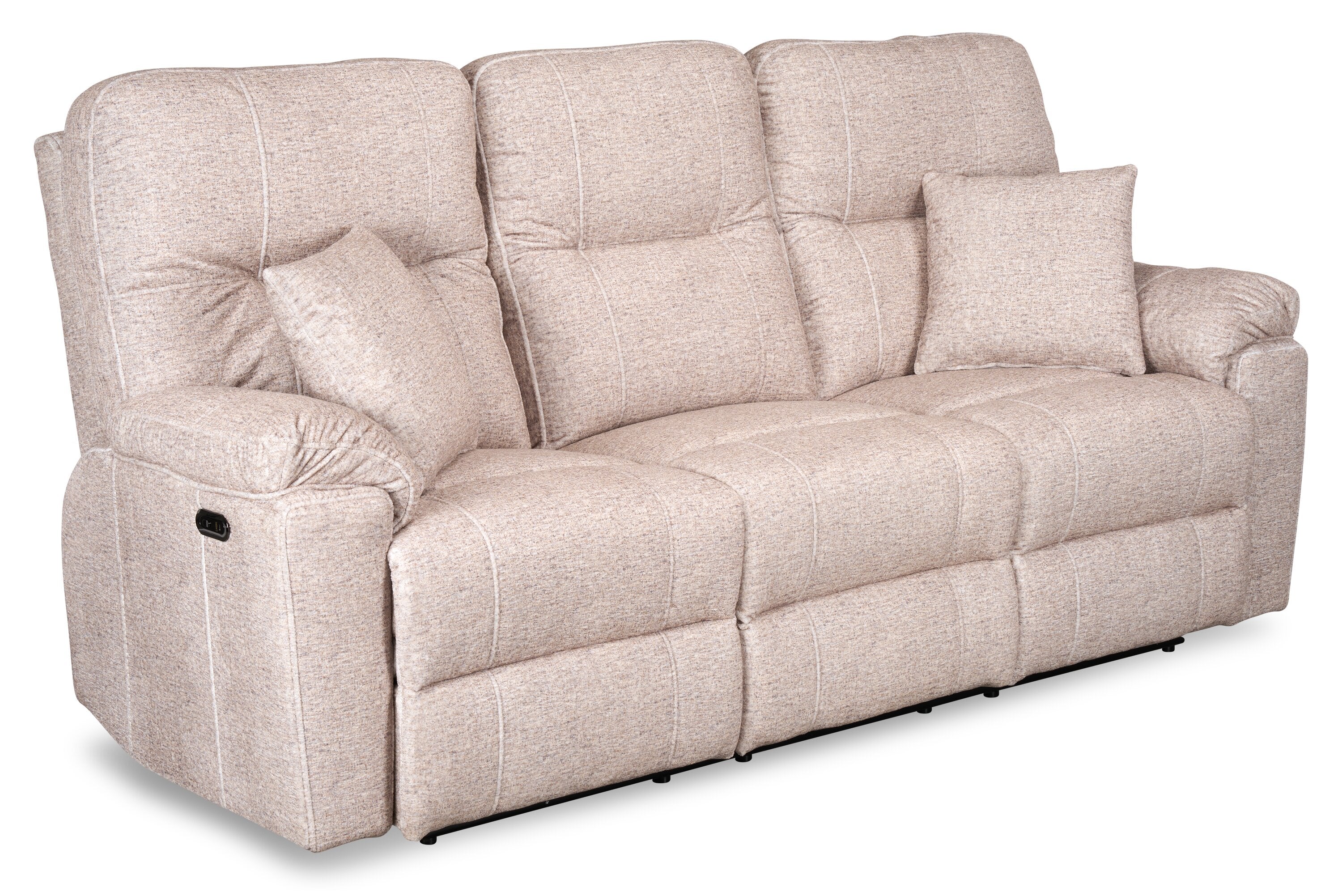Made in Canada Dawson 87" Fabric Power Reclining Sofa with USB Port and Accent Pillows - Beige | Sofa à inclinaison électrique Dawson de 87 po fabriqué au Canada en tissu avec port USB et coussins décoratifs - beige
