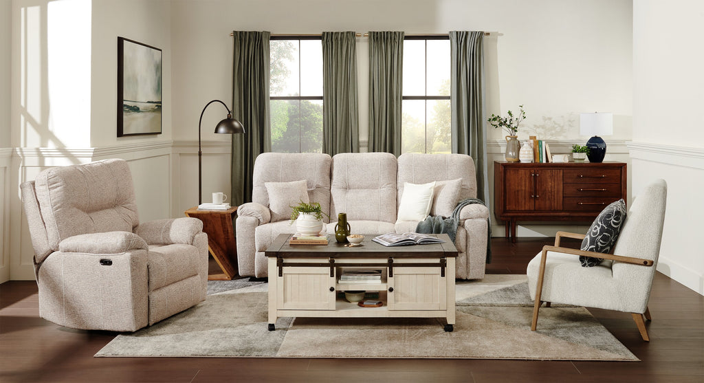 Made in Canada Dawson 87" Fabric Power Reclining Sofa with USB Port and Accent Pillows - Beige | Sofa à inclinaison électrique Dawson de 87 po fabriqué au Canada en tissu avec port USB et coussins décoratifs - beige