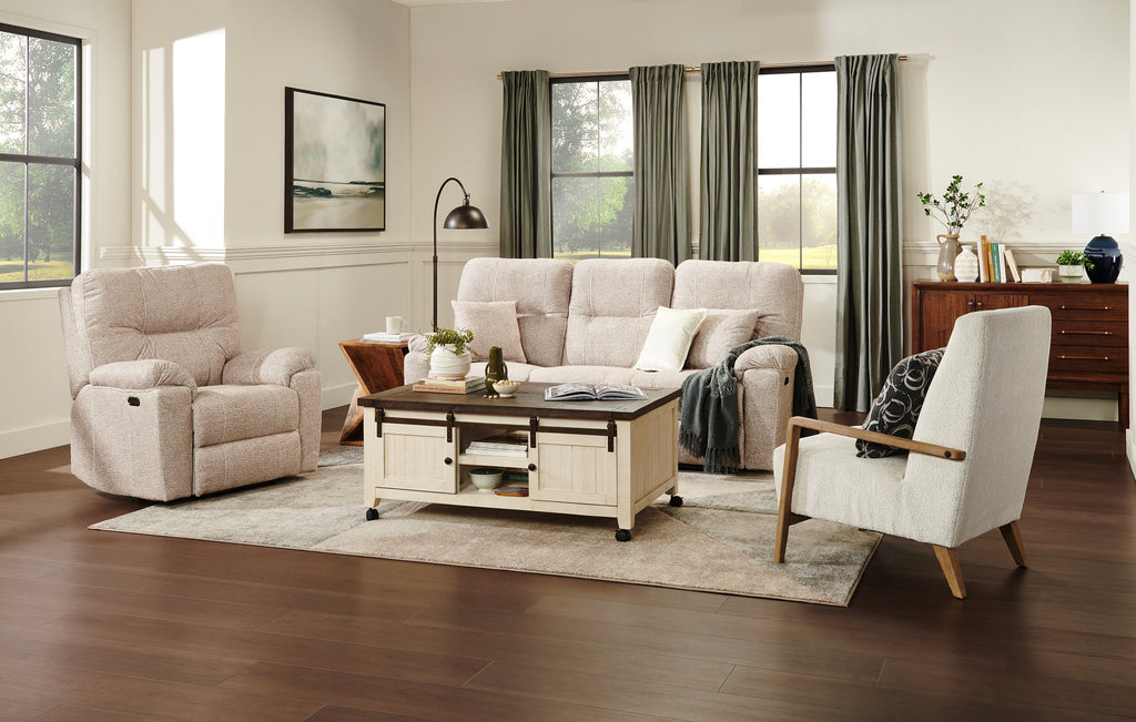 Made in Canada Dawson 87" Fabric Power Reclining Sofa with USB Port and Accent Pillows - Beige | Sofa à inclinaison électrique Dawson de 87 po fabriqué au Canada en tissu avec port USB et coussins décoratifs - beige