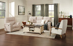 Made in Canada Dawson 87" Fabric Power Reclining Sofa with USB Port and Accent Pillows - Beige | Sofa à inclinaison électrique Dawson de 87 po fabriqué au Canada en tissu avec port USB et coussins décoratifs - beige
