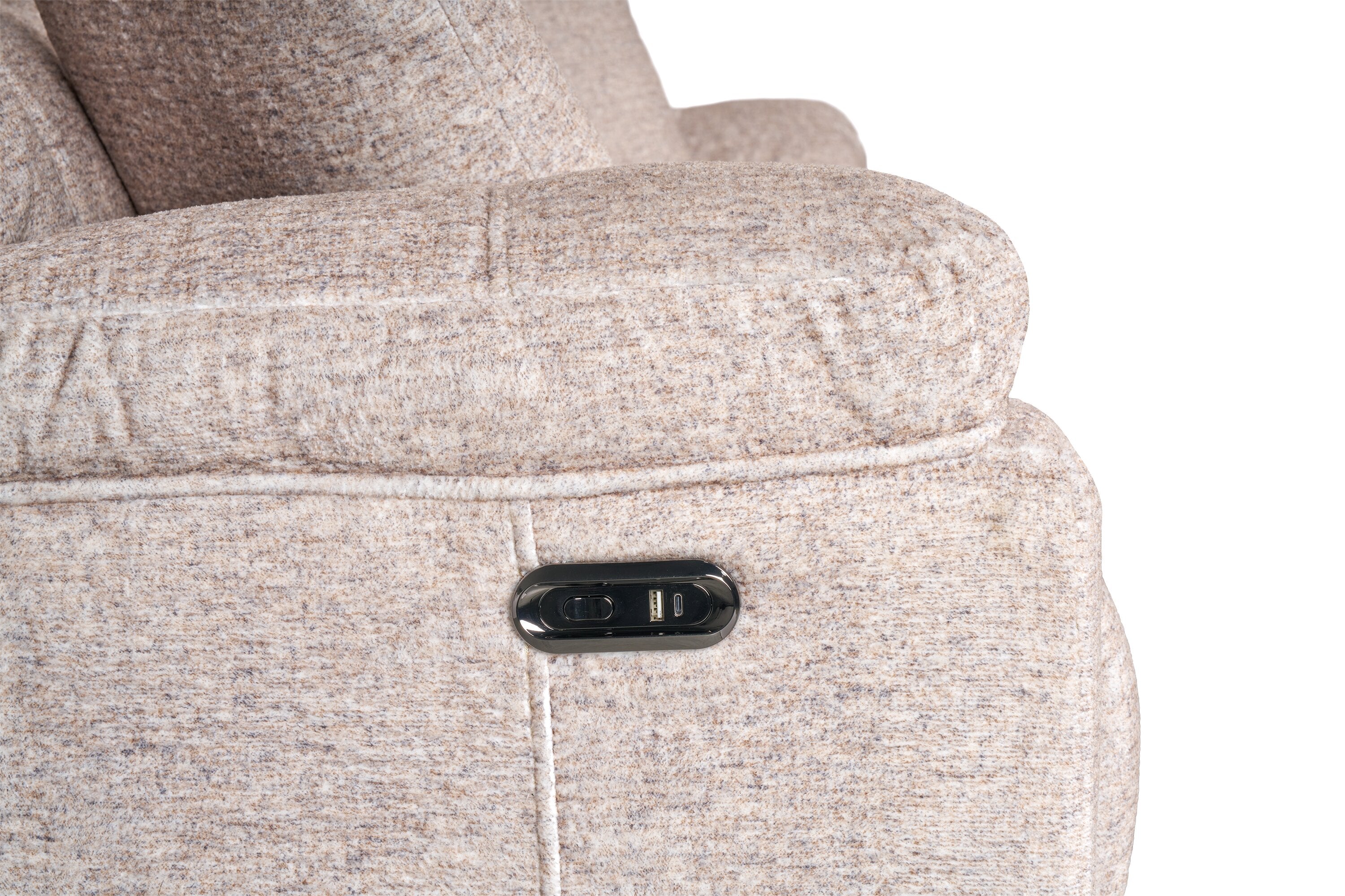 Made in Canada Dawson 87" Fabric Power Reclining Sofa with USB Port and Accent Pillows - Beige | Sofa à inclinaison électrique Dawson de 87 po fabriqué au Canada en tissu avec port USB et coussins décoratifs - beige
