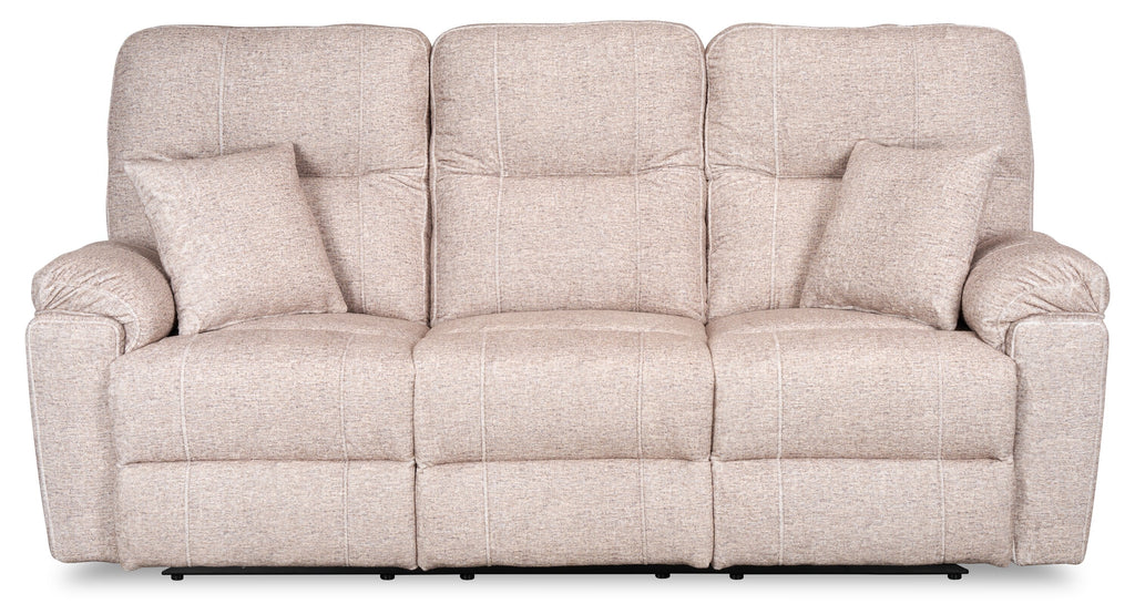 Made in Canada Dawson 87" Fabric Power Reclining Sofa with USB Port and Accent Pillows - Beige | Sofa à inclinaison électrique Dawson de 87 po fabriqué au Canada en tissu avec port USB et coussins décoratifs - beige