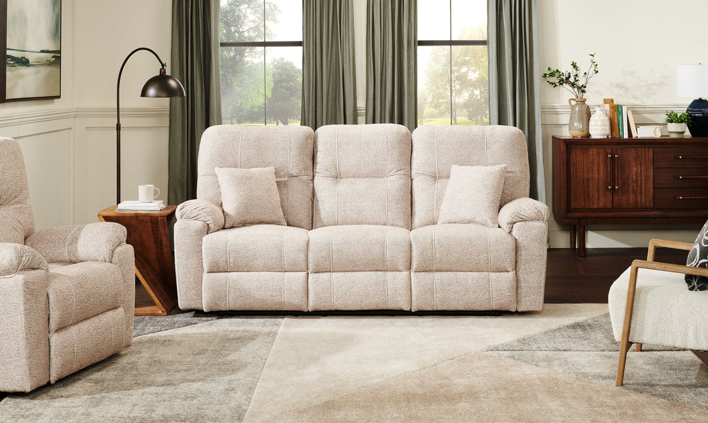 Made in Canada Dawson 87" Fabric Power Reclining Sofa with USB Port and Accent Pillows - Beige | Sofa à inclinaison électrique Dawson de 87 po fabriqué au Canada en tissu avec port USB et coussins décoratifs - beige