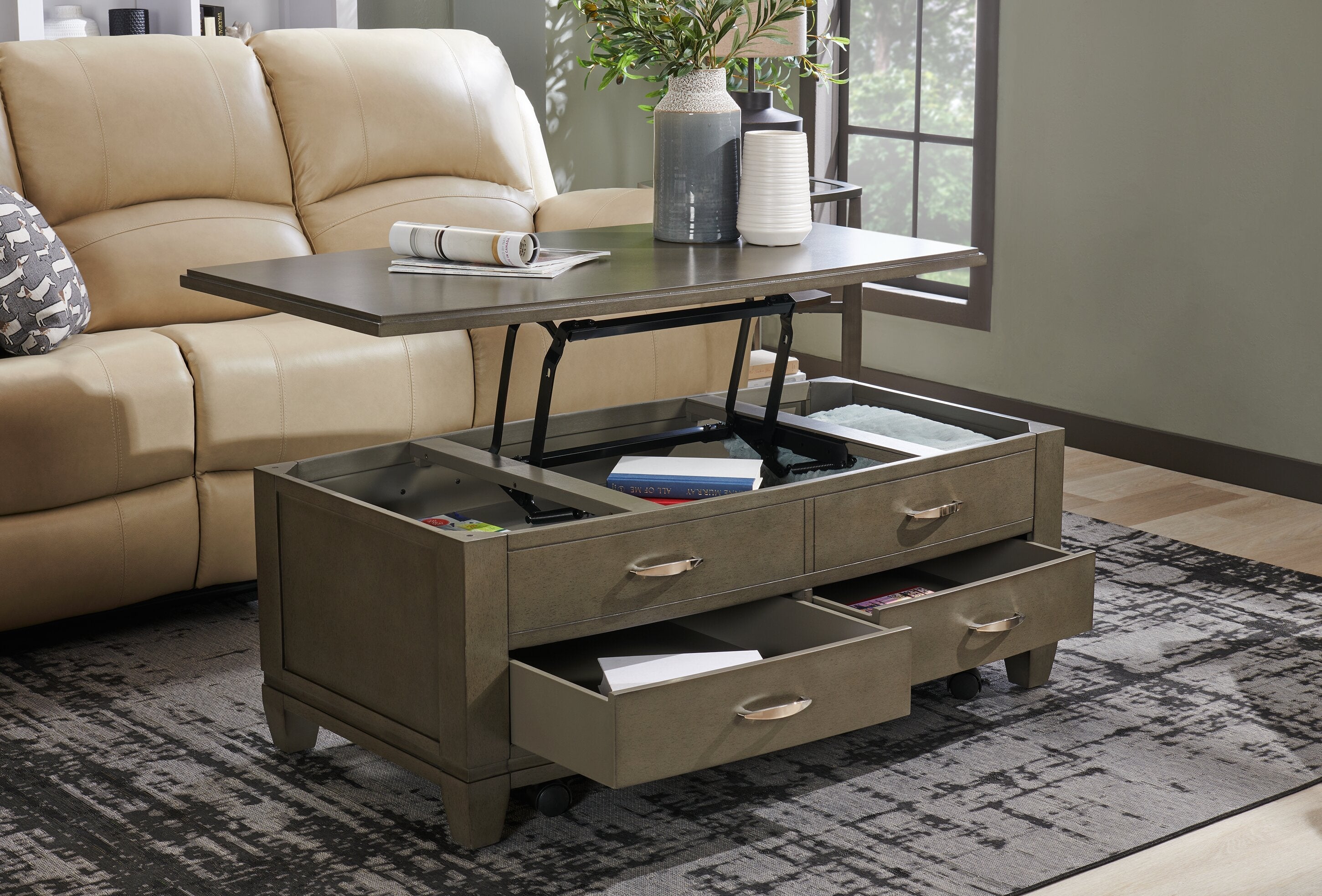 Downtown  48" Modern Lift Top Coffee Table with Storage and Casters - Grey Brown Wood|Table à café moderne Downtown de 48 po avec dessus relevable, rangement et roulettes - bois gris-brun